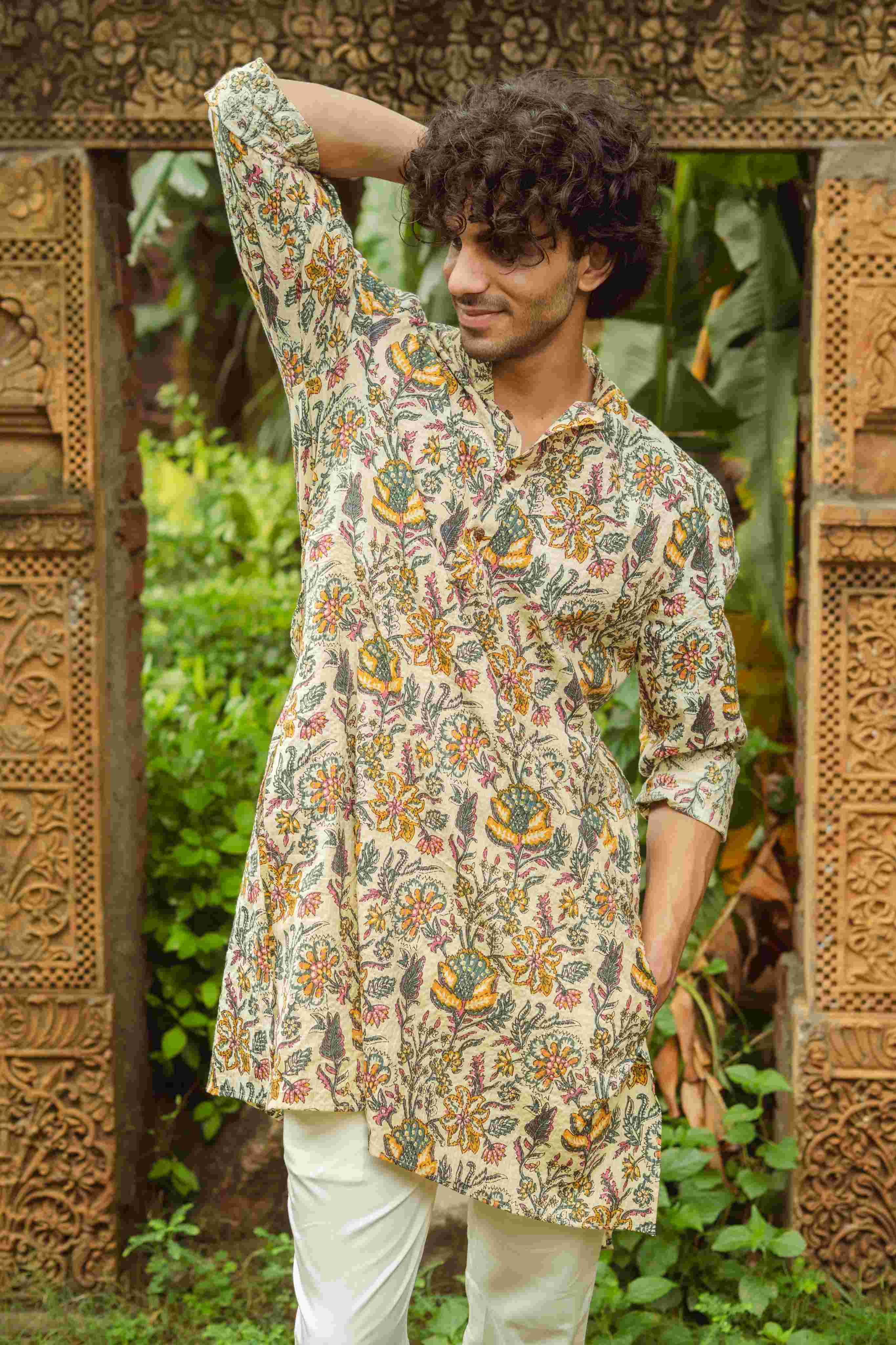 The Beige Artistic Floral Print Long Kurta