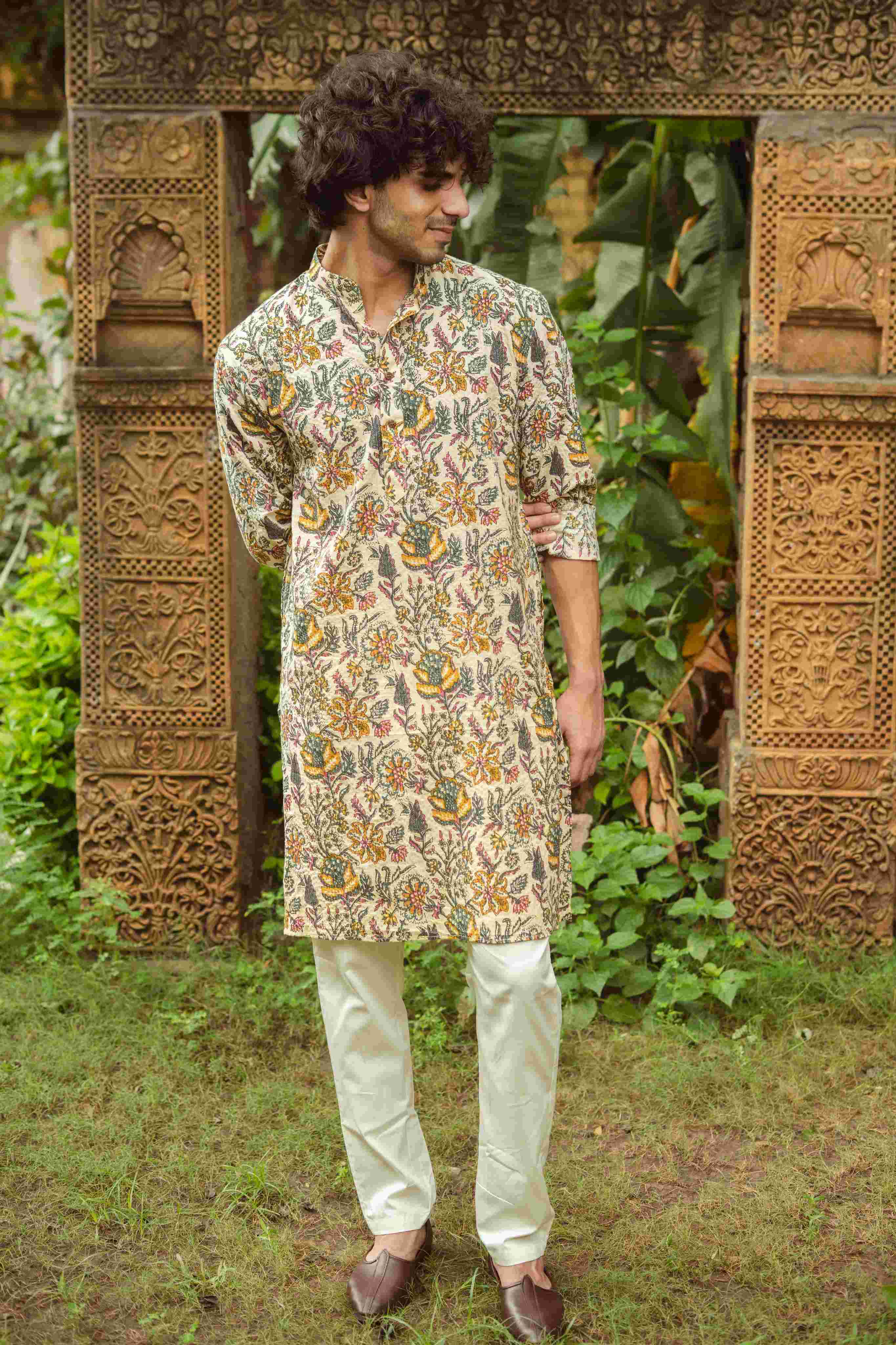 The Beige Artistic Floral Print Long Kurta