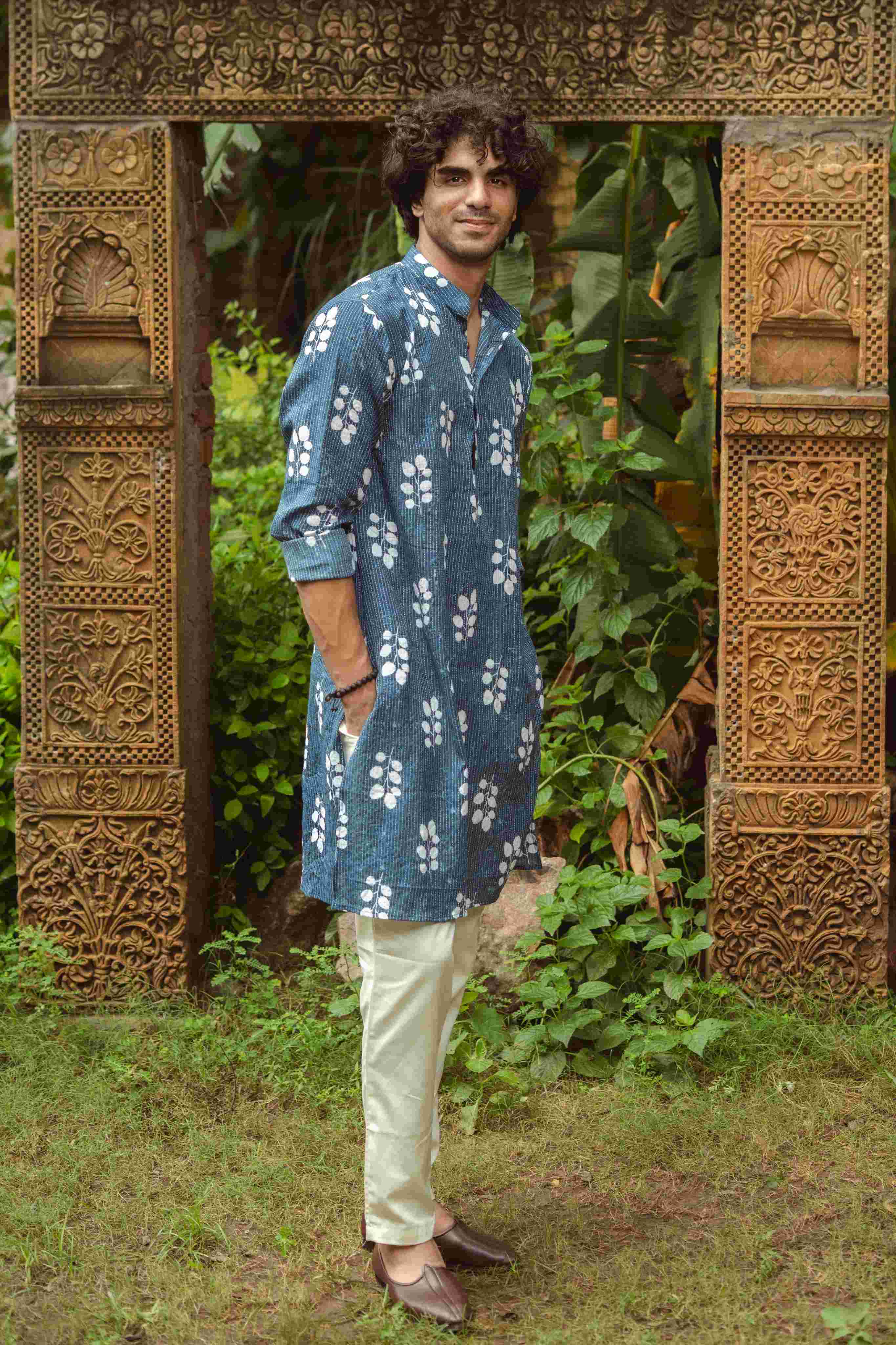 The Blue Botanical Kantha Work Long Kurta