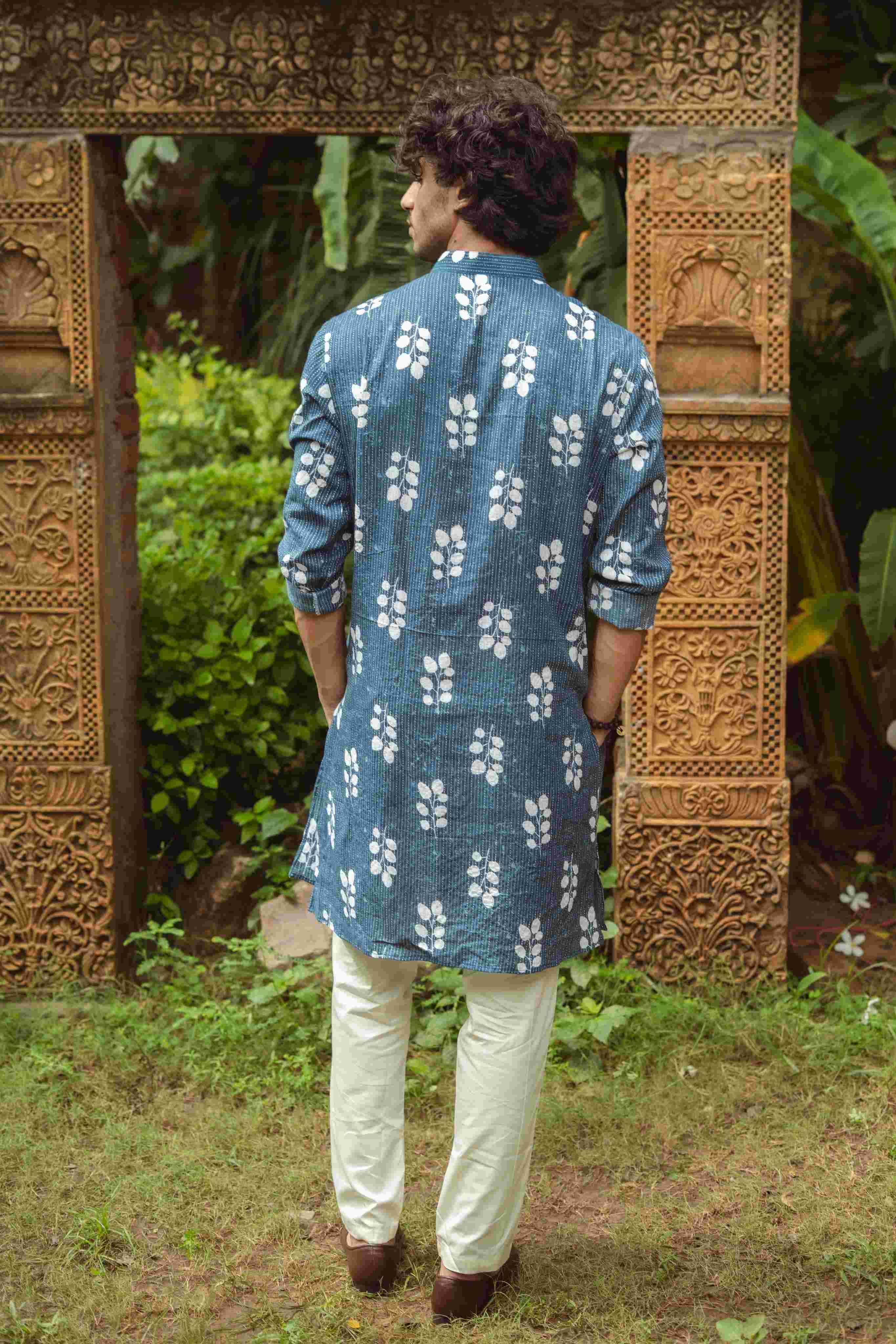 The Blue Botanical Kantha Work Long Kurta