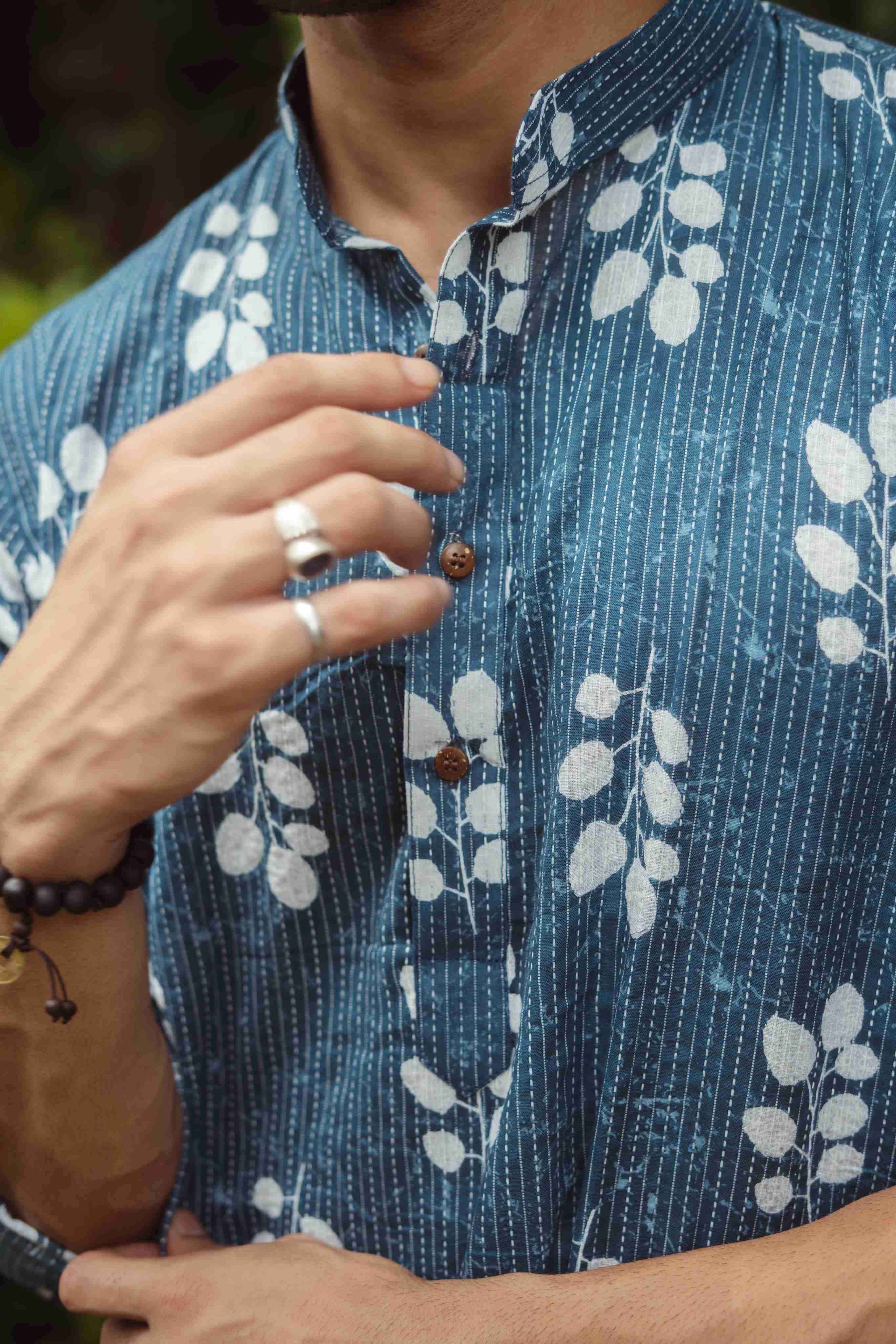 The Blue Botanical Kantha Work Long Kurta