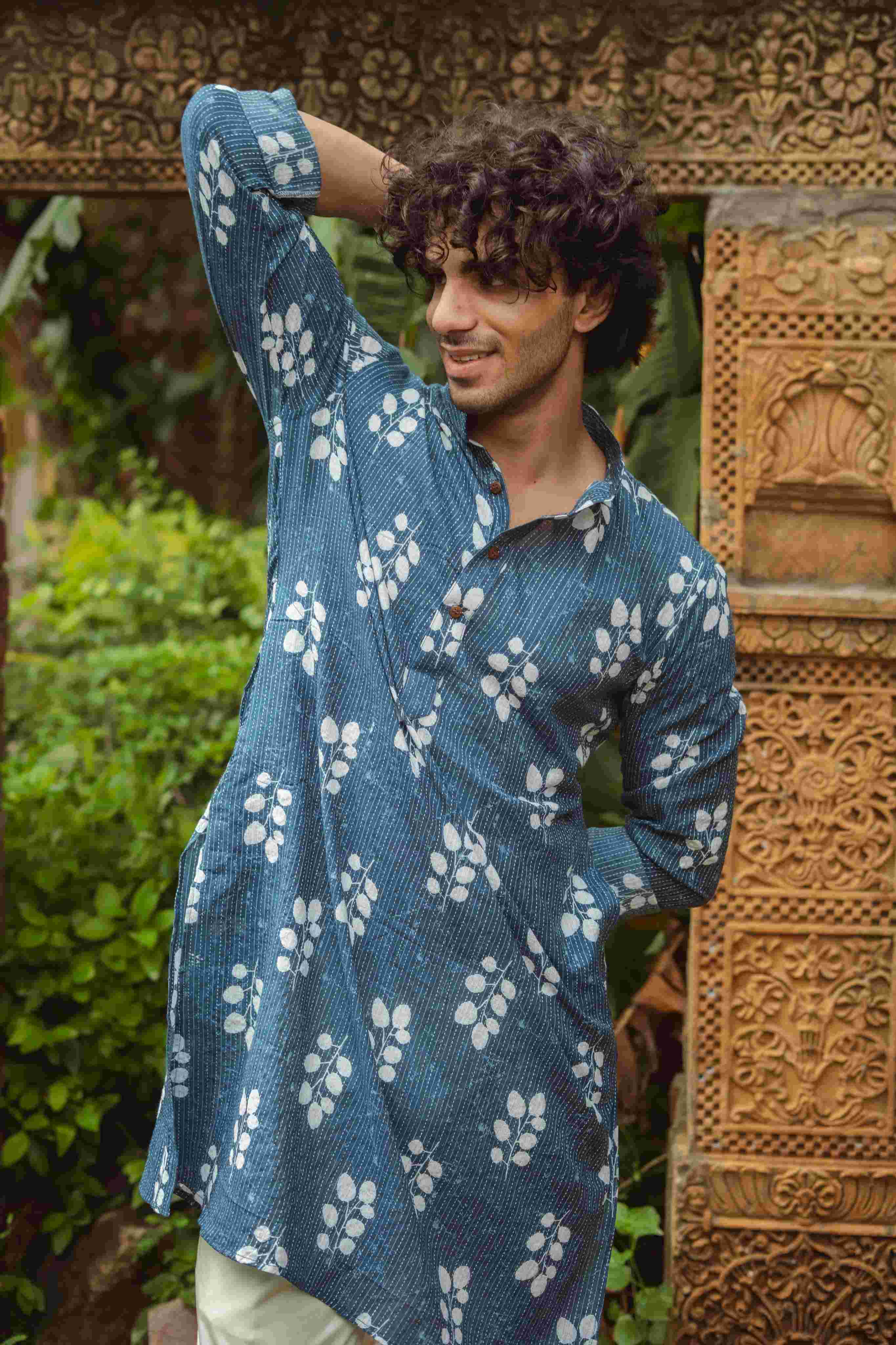 The Blue Botanical Kantha Work Long Kurta