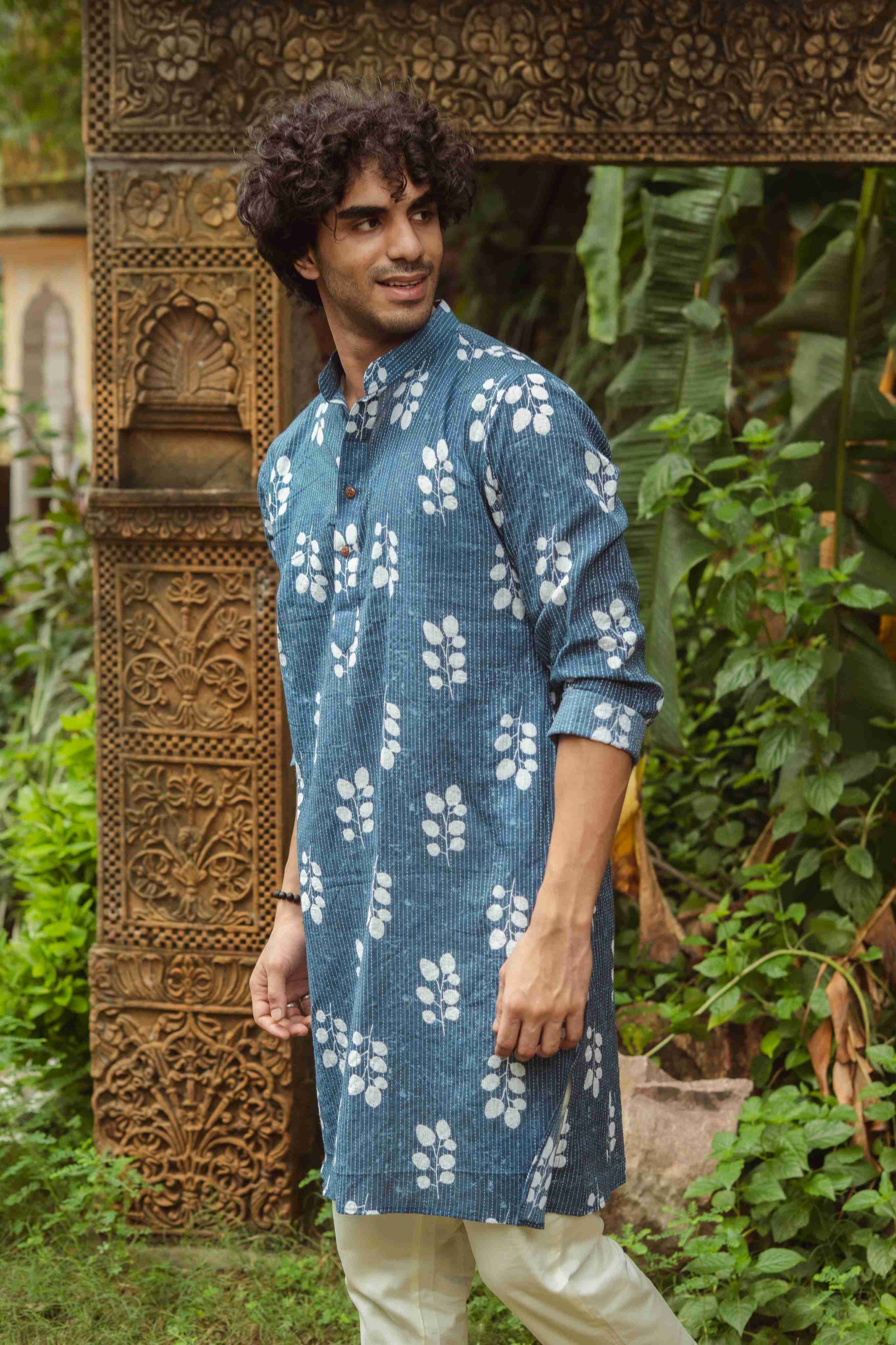 The Blue Botanical Kantha Work Long Kurta