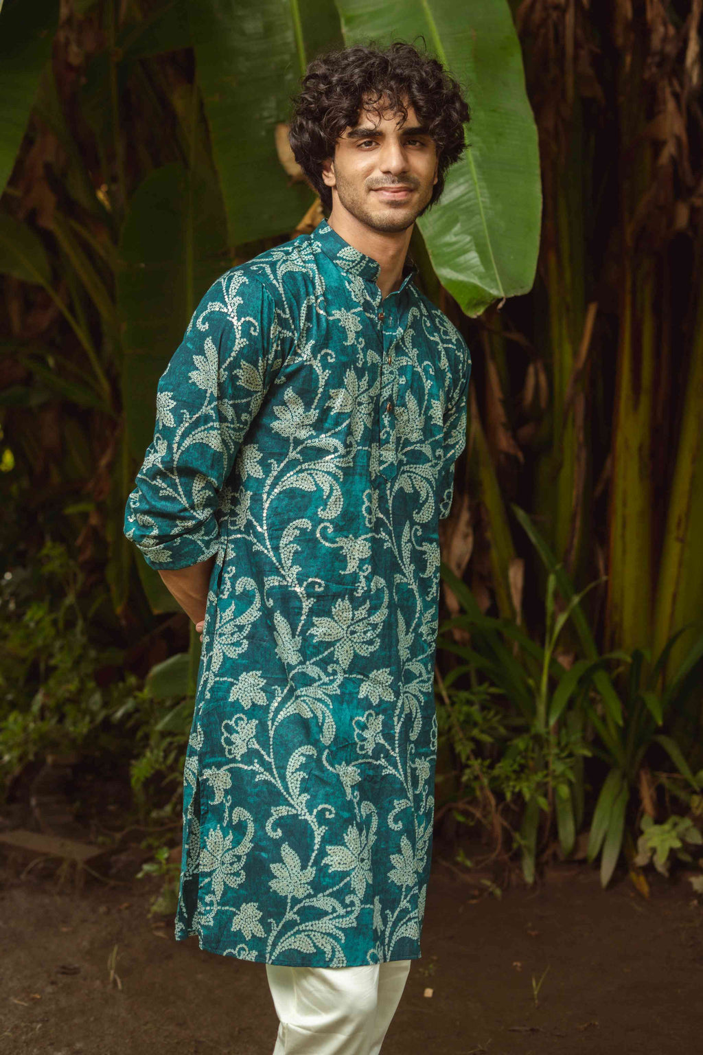 The Teal Kurta with Golden Flowers