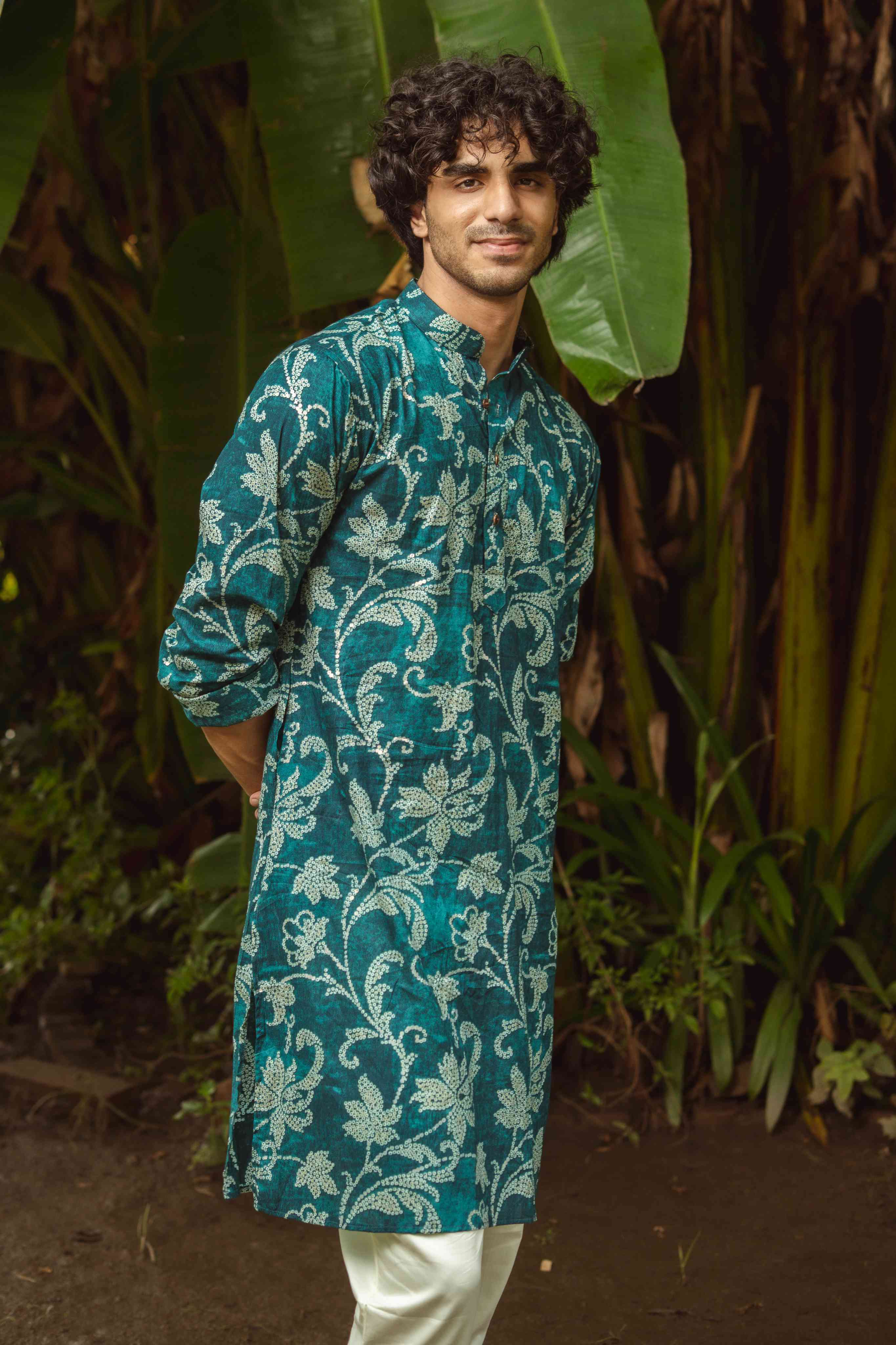 The Teal Kurta with Golden Flowers