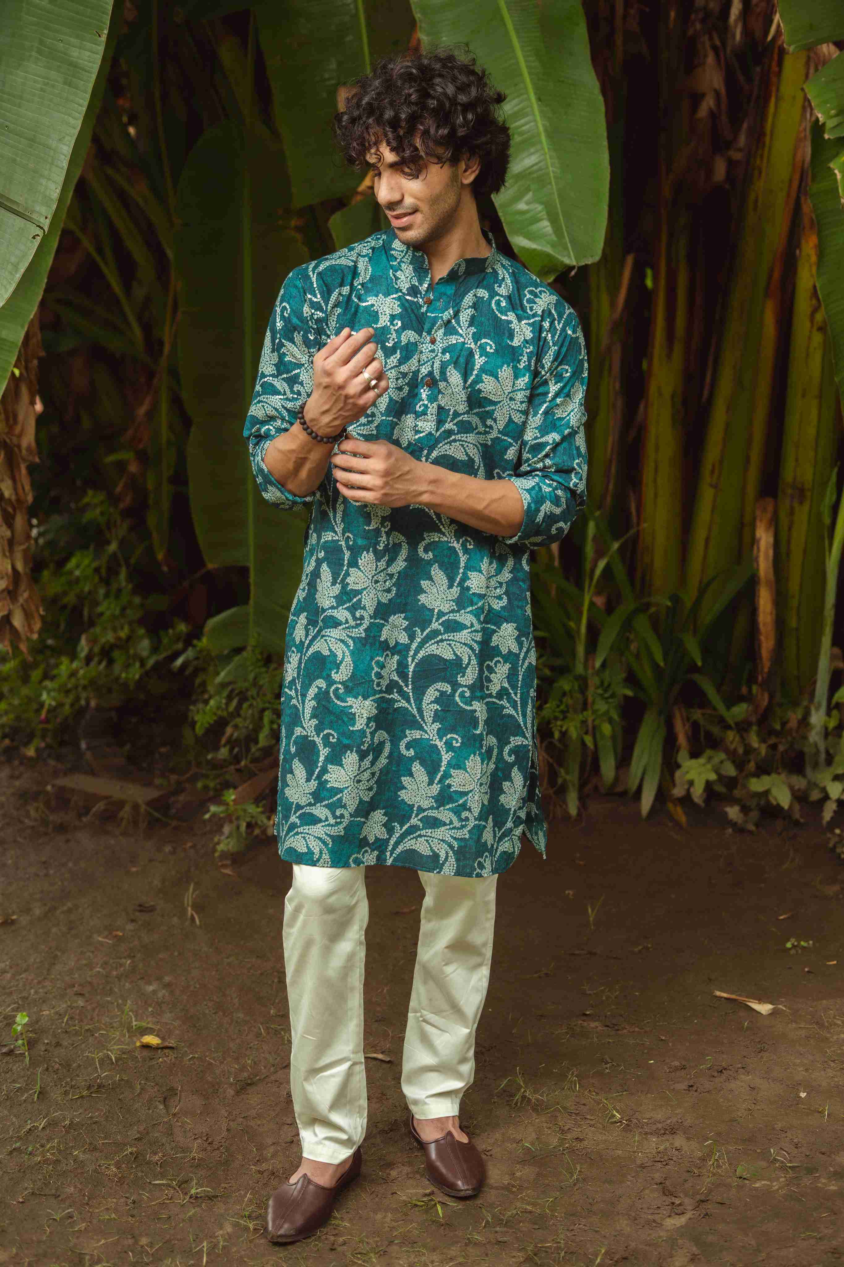 The Teal Kurta with Golden Flowers
