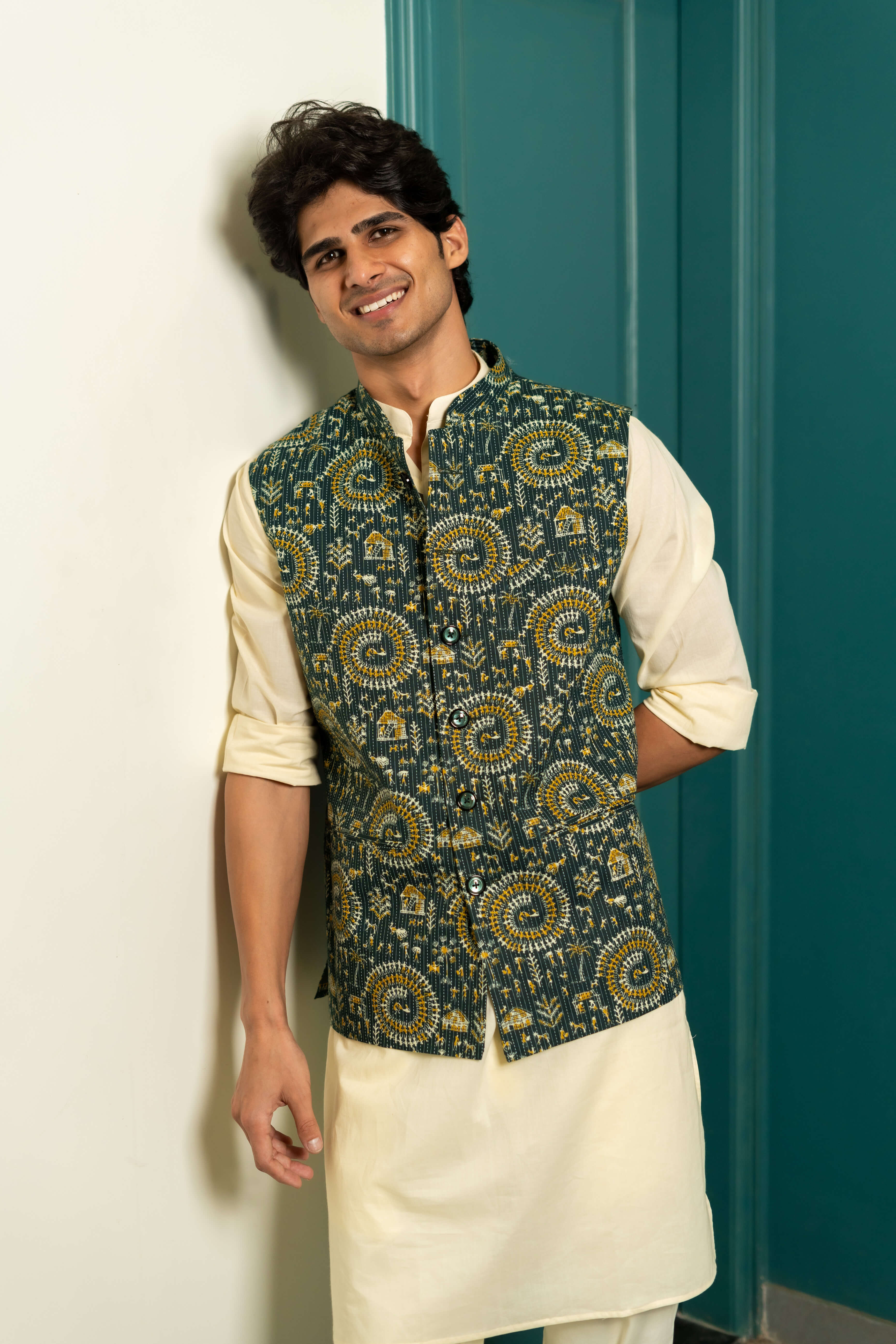 The Dark Green Kantha Work Nehru Jacket With Tribal Print