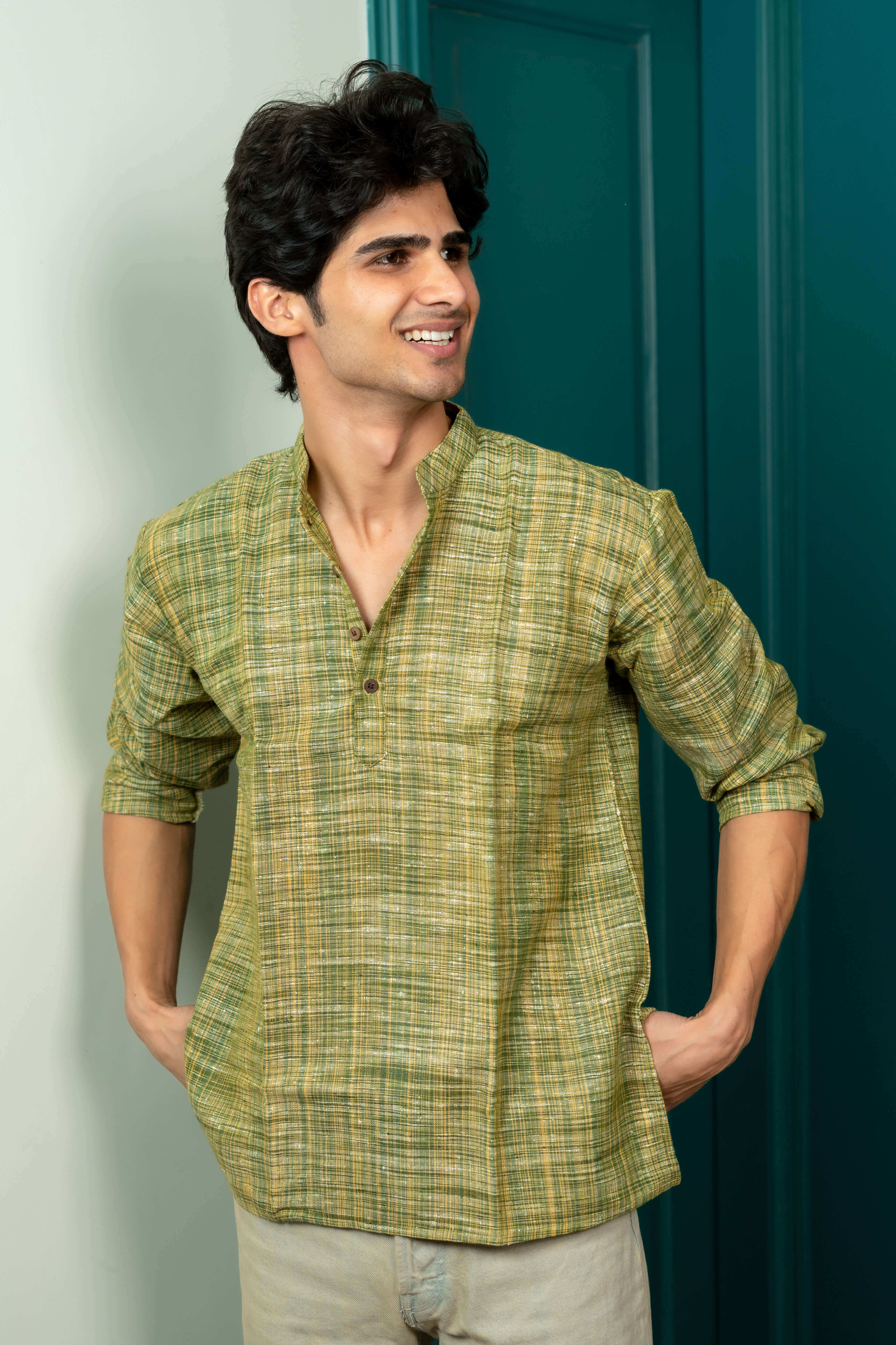 The Rustic Handwoven Short Kurta in Muddy Green and Light Brown Color