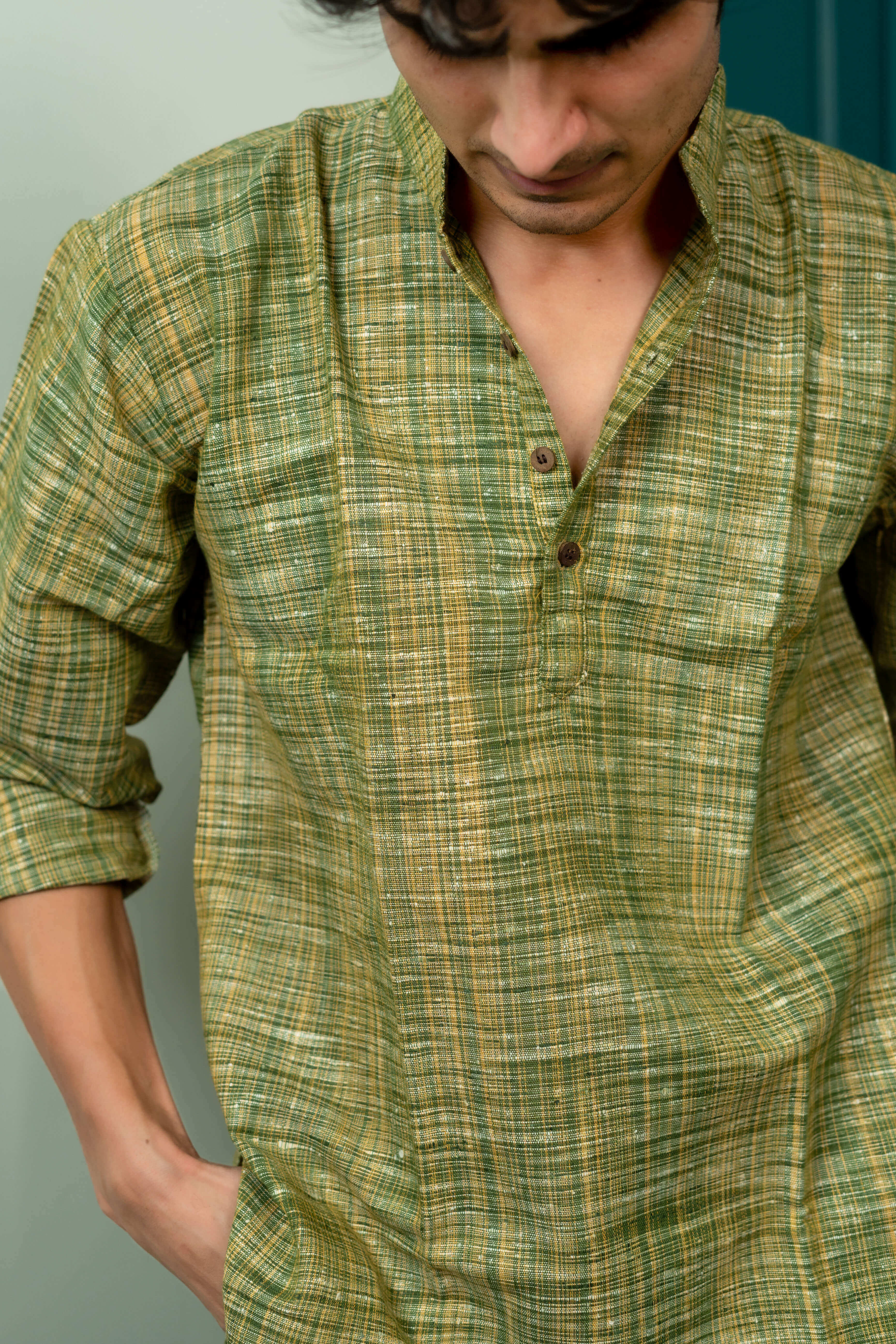 The Rustic Handwoven Short Kurta in Muddy Green and Light Brown Color