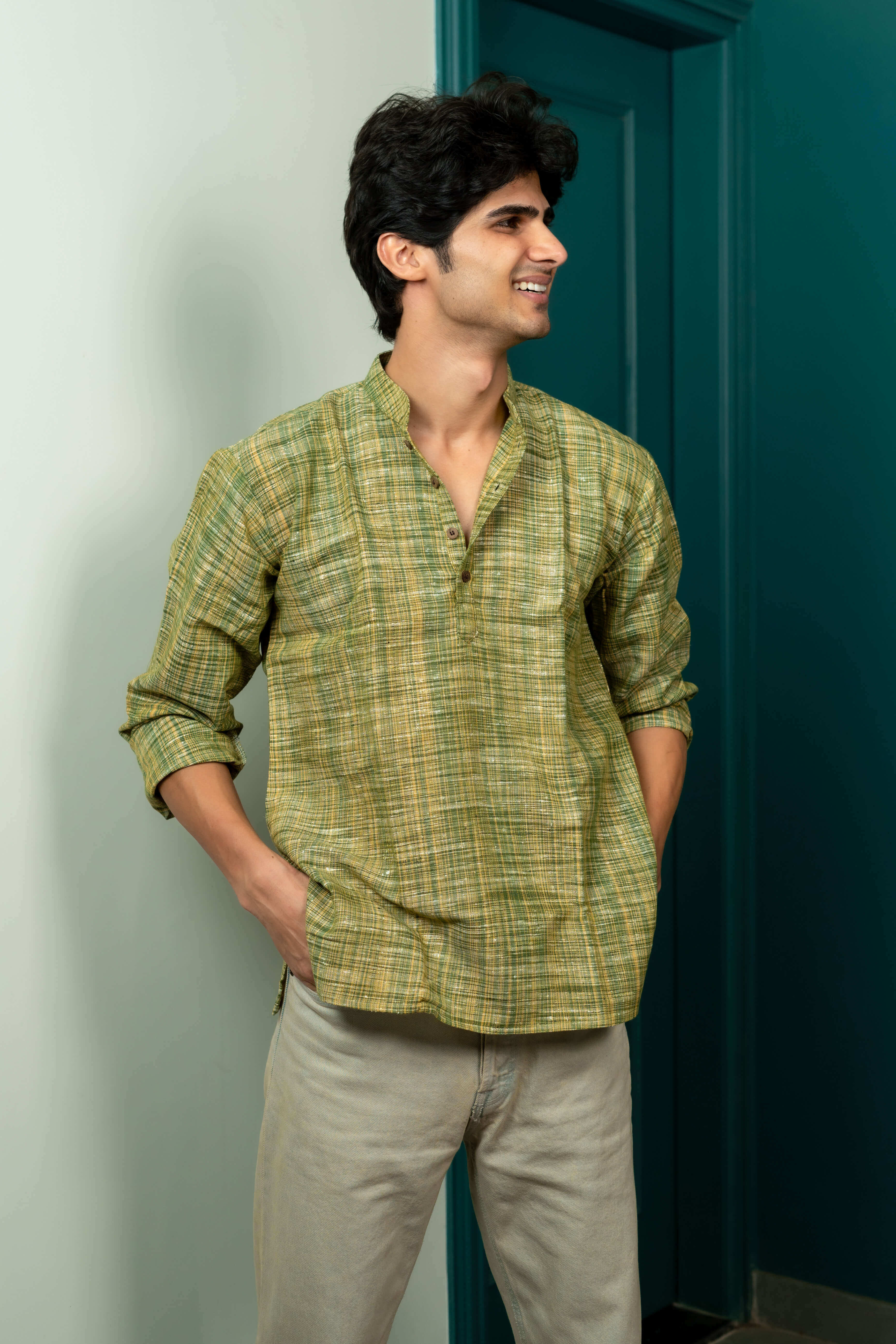 The Rustic Handwoven Short Kurta in Muddy Green and Light Brown Color