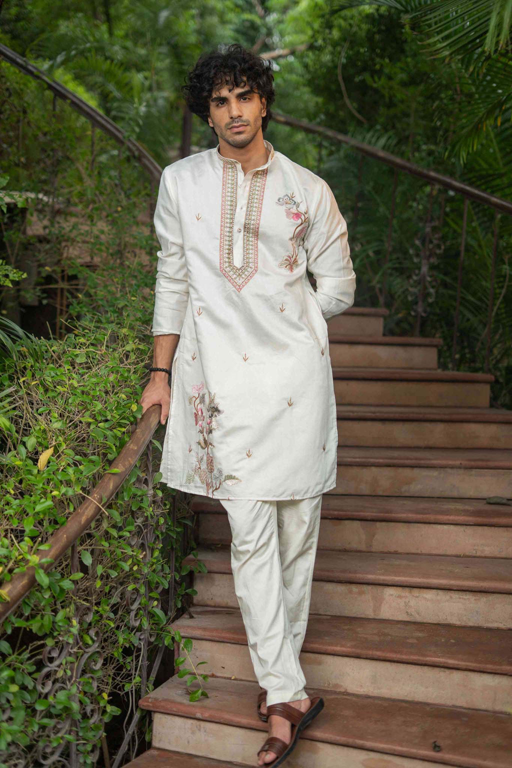 The White Multicolour Embroidered Neck Design Kurta