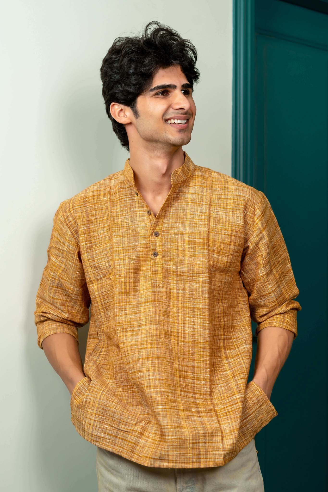 The Rustic Handwoven Short Kurta in Yellowish Orange and Light Brown Color