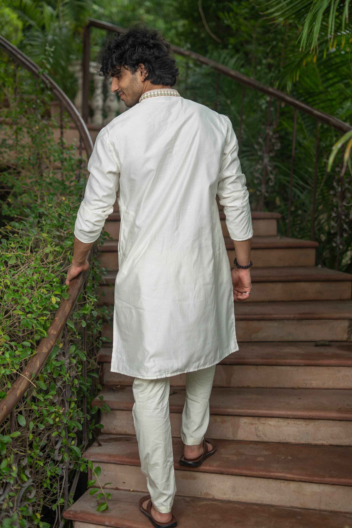 The White Multicolour Embroidered Neck Design Kurta