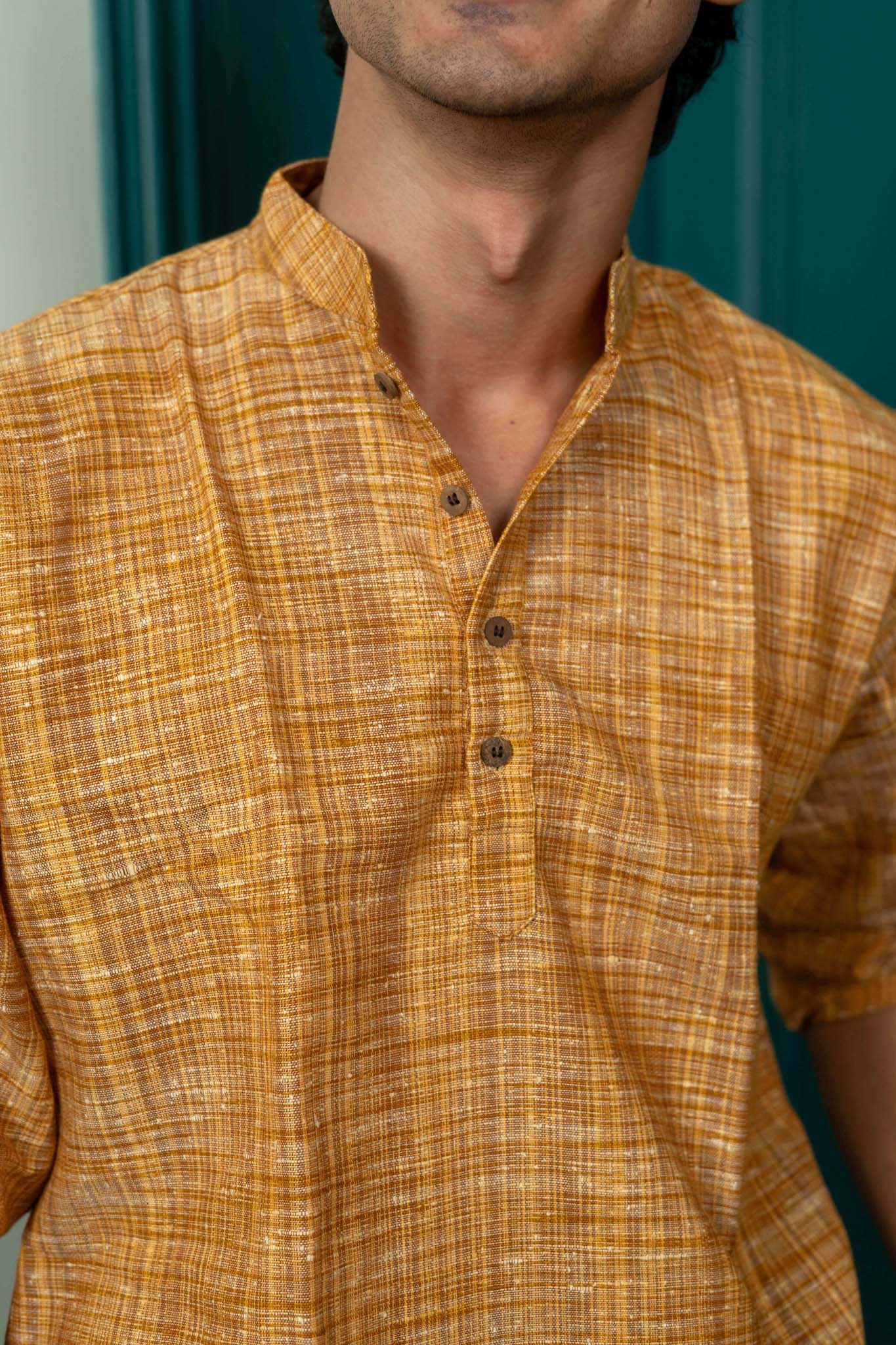 The Rustic Handwoven Short Kurta in Yellowish Orange and Light Brown Color