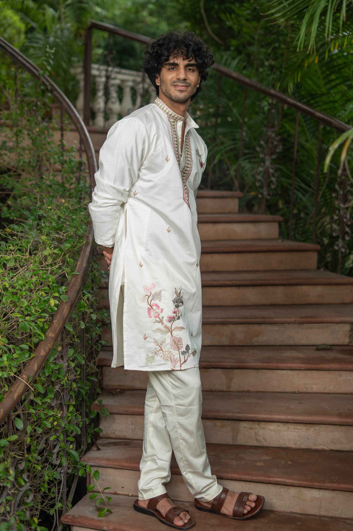The White Multicolour Embroidered Neck Design Kurta