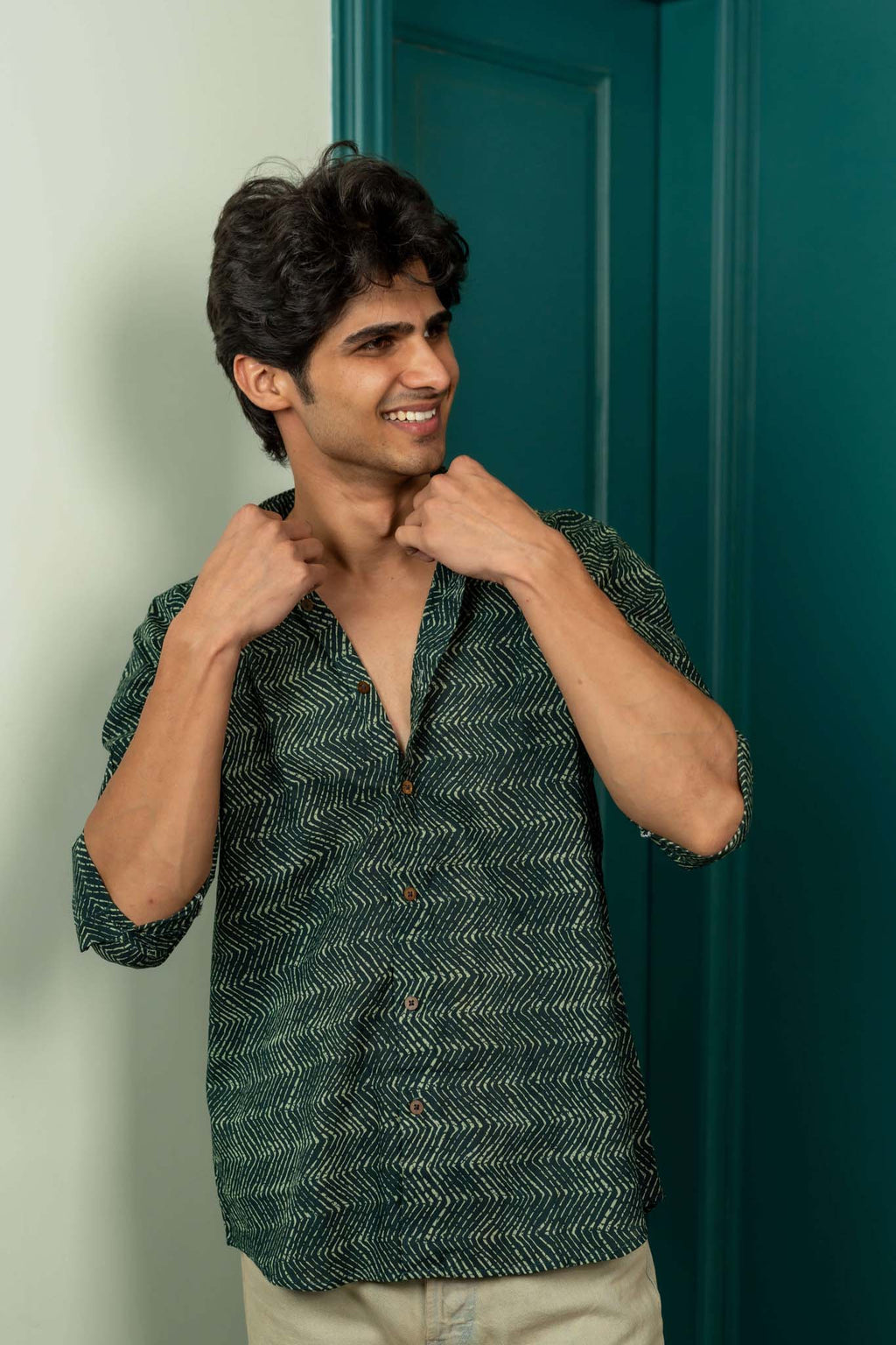 The Jungle Green Shirt With White Zig-Zag Print