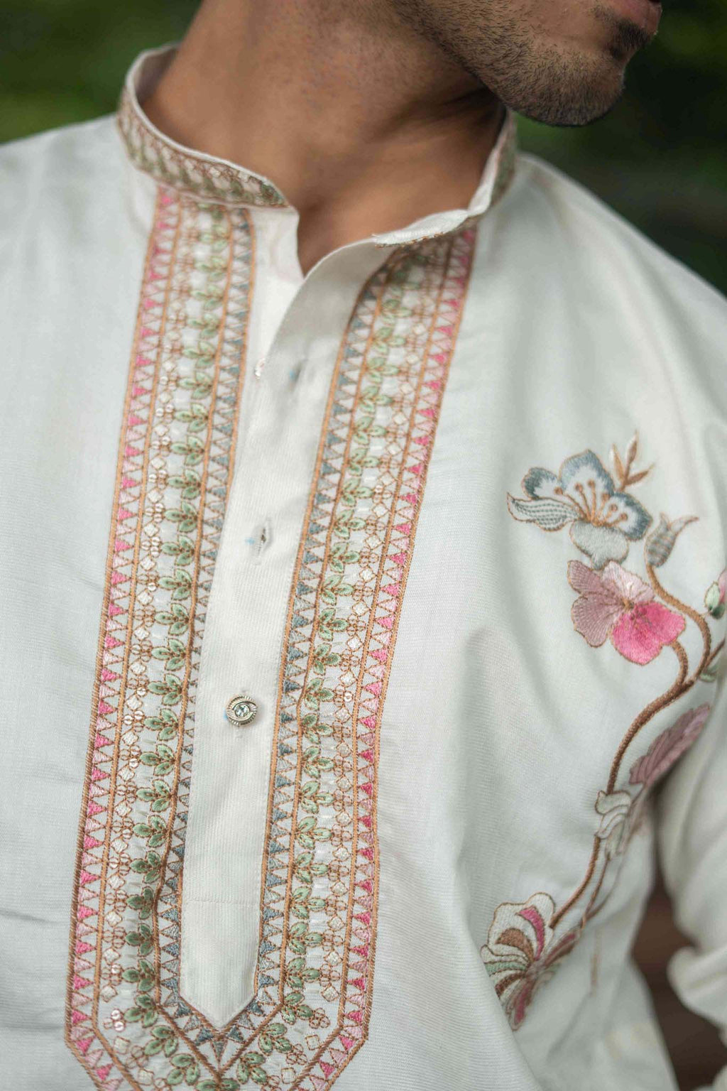The White Multicolour Embroidered Neck Design Kurta
