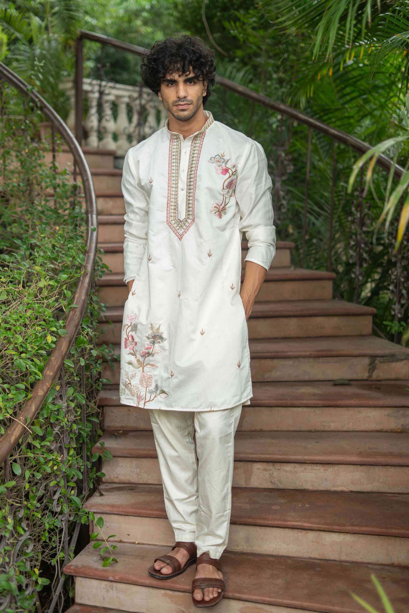 The White Multicolour Embroidered Neck Design Kurta