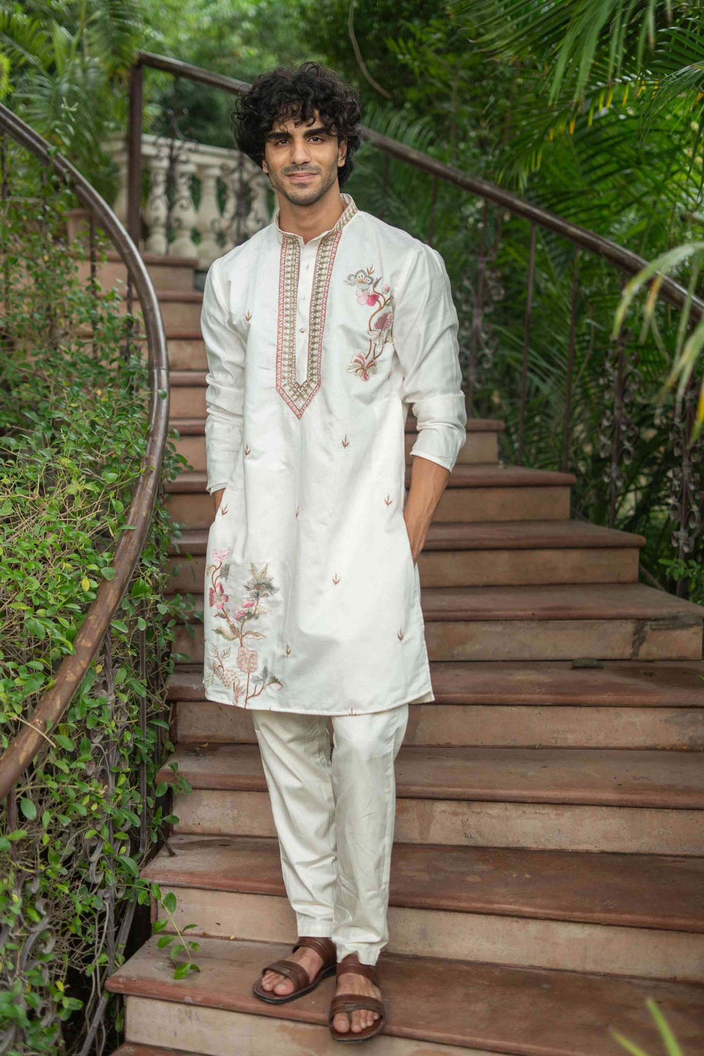 The White Multicolour Embroidered Neck Design Kurta