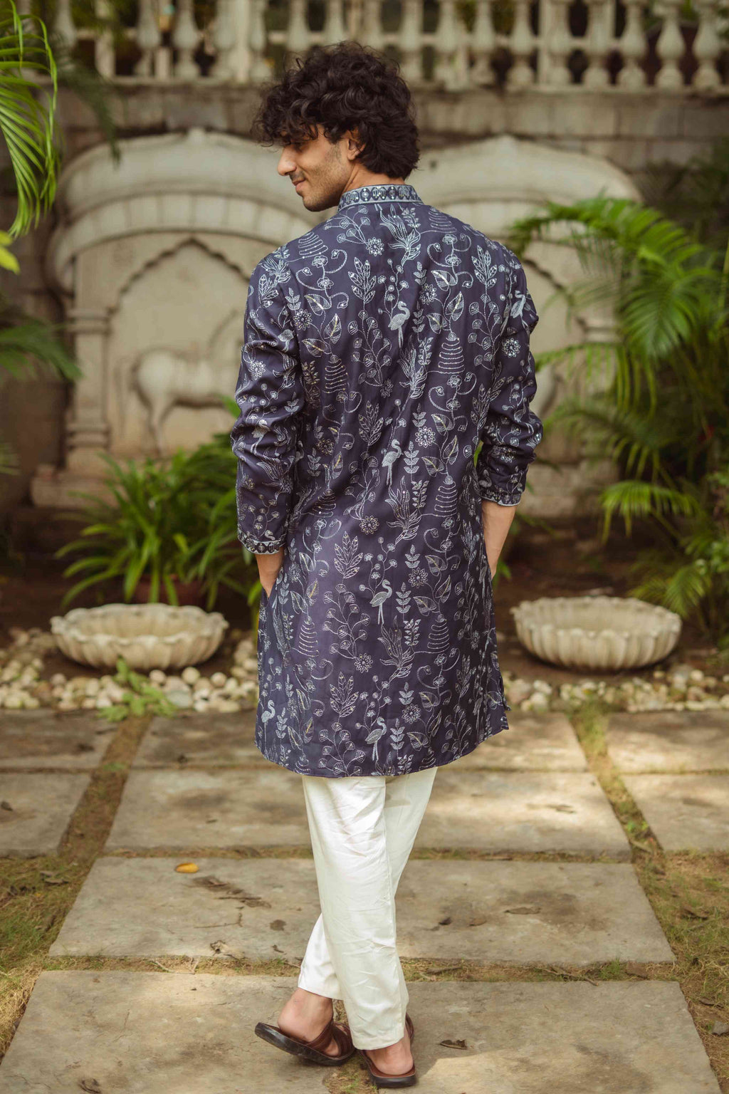 The Navy Blue Floral Embroidery Work Long Kurta