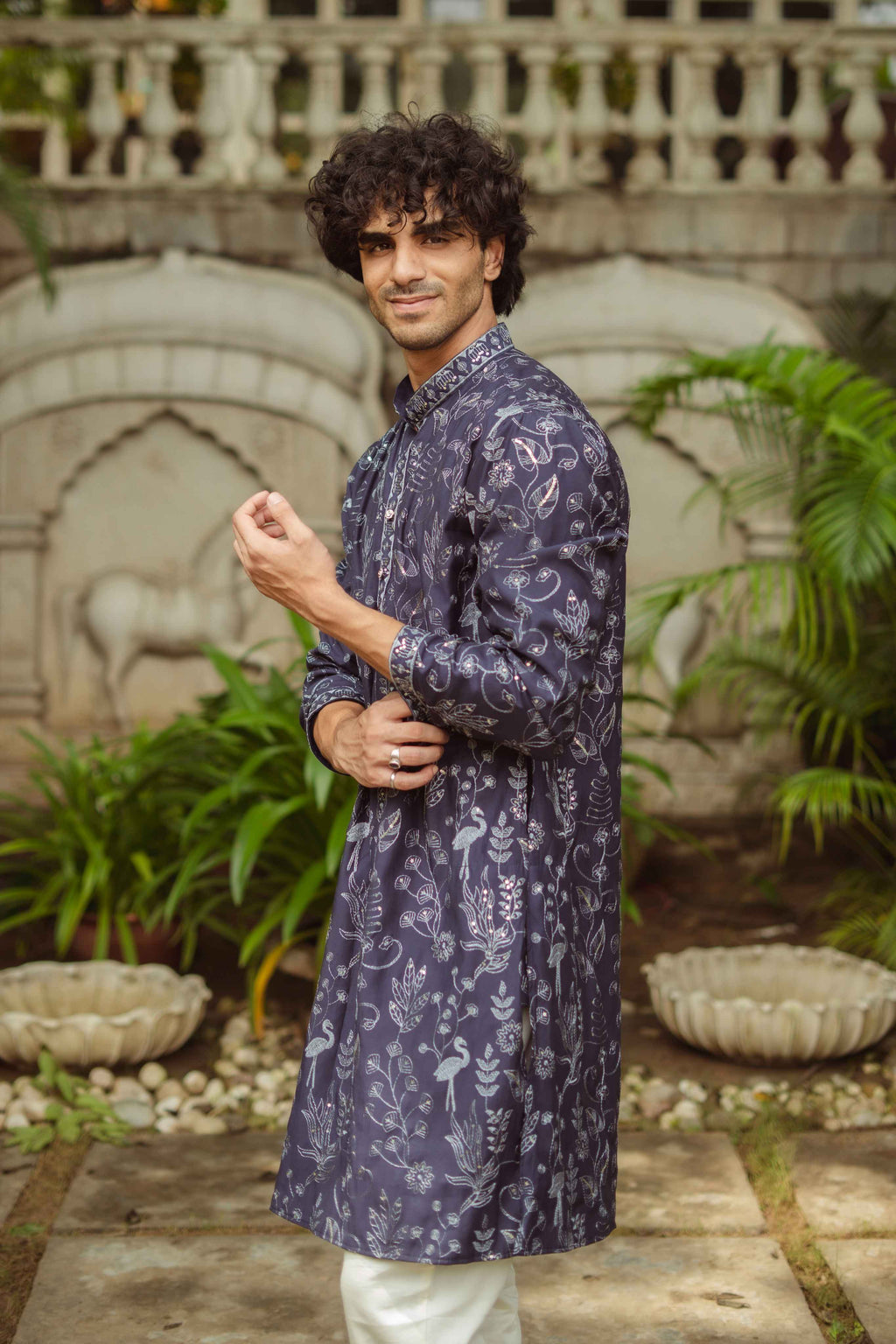 The Navy Blue Floral Embroidery Work Long Kurta
