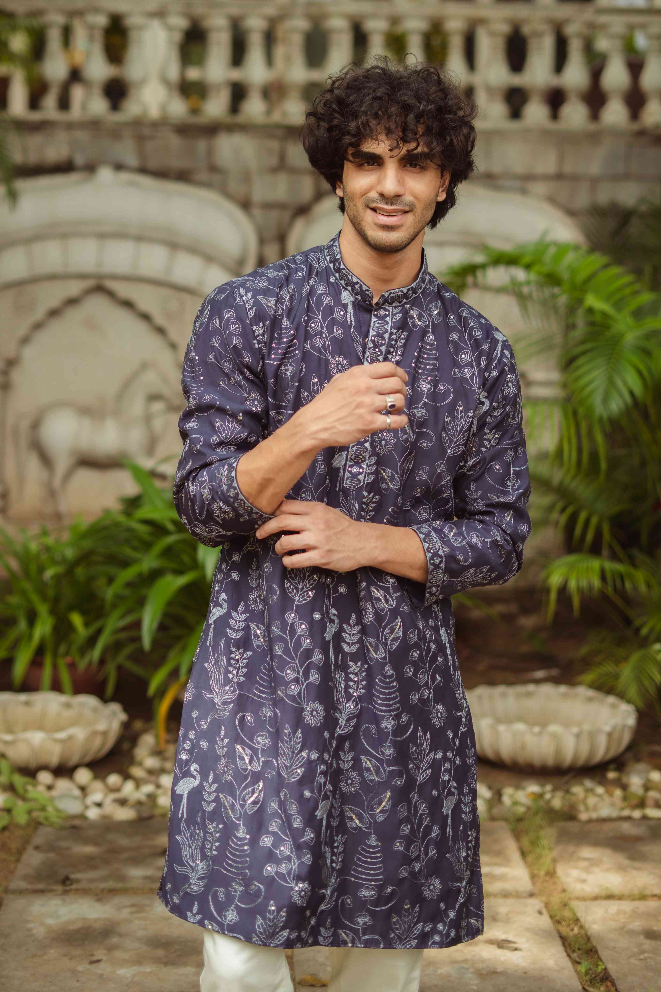 The Navy Blue Floral Embroidery Work Long Kurta