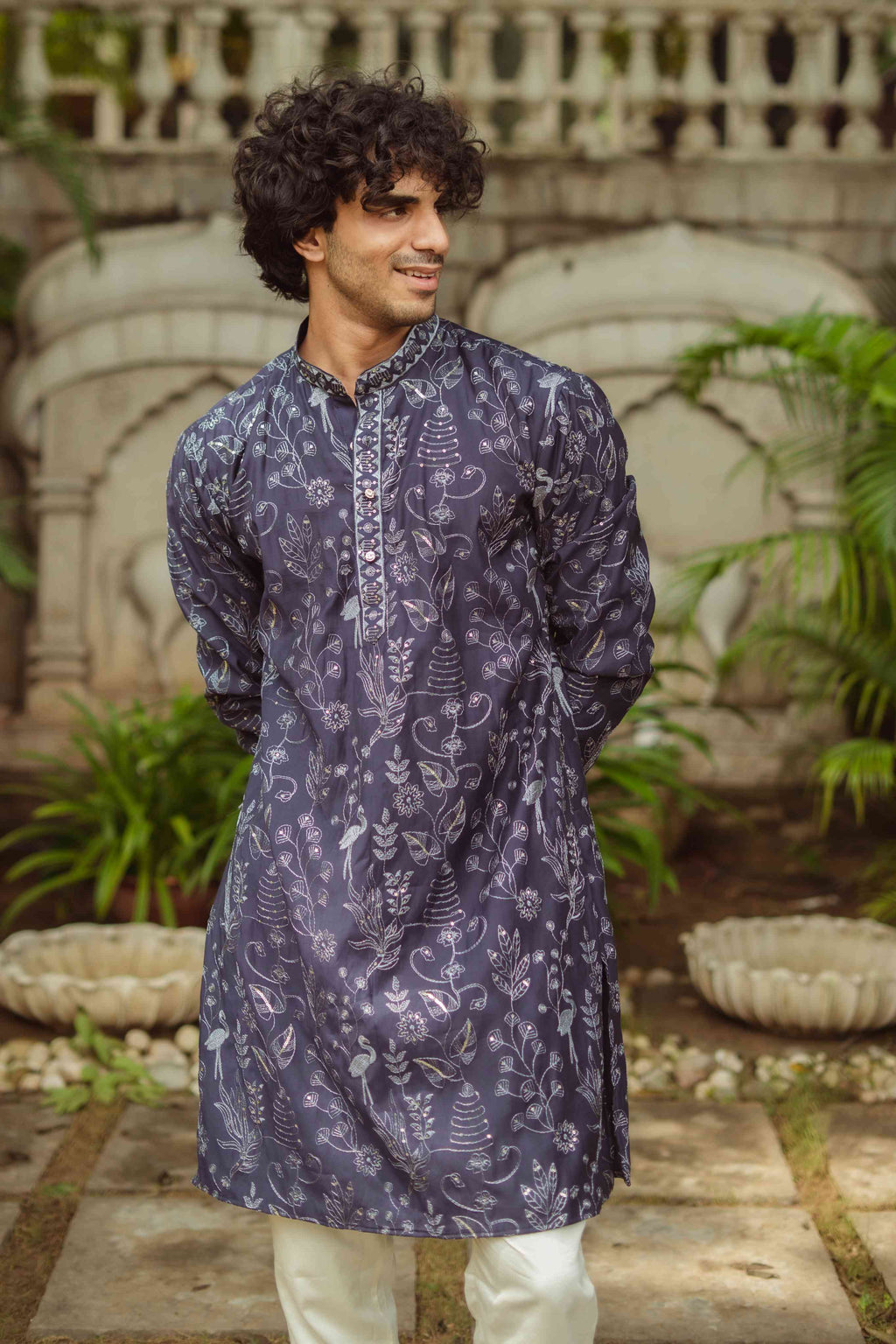 The Navy Blue Floral Embroidery Work Long Kurta