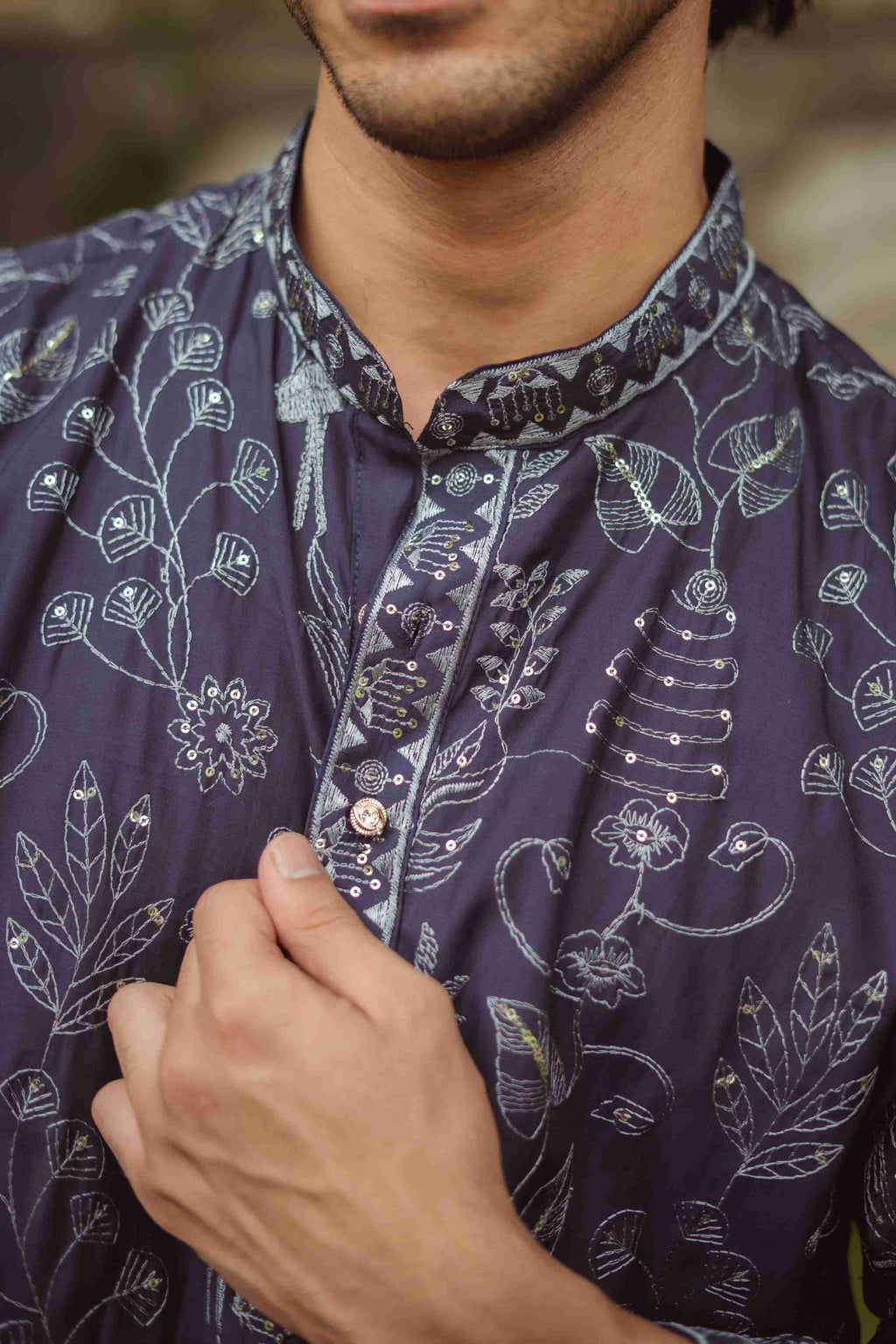 The Navy Blue Floral Embroidery Work Long Kurta