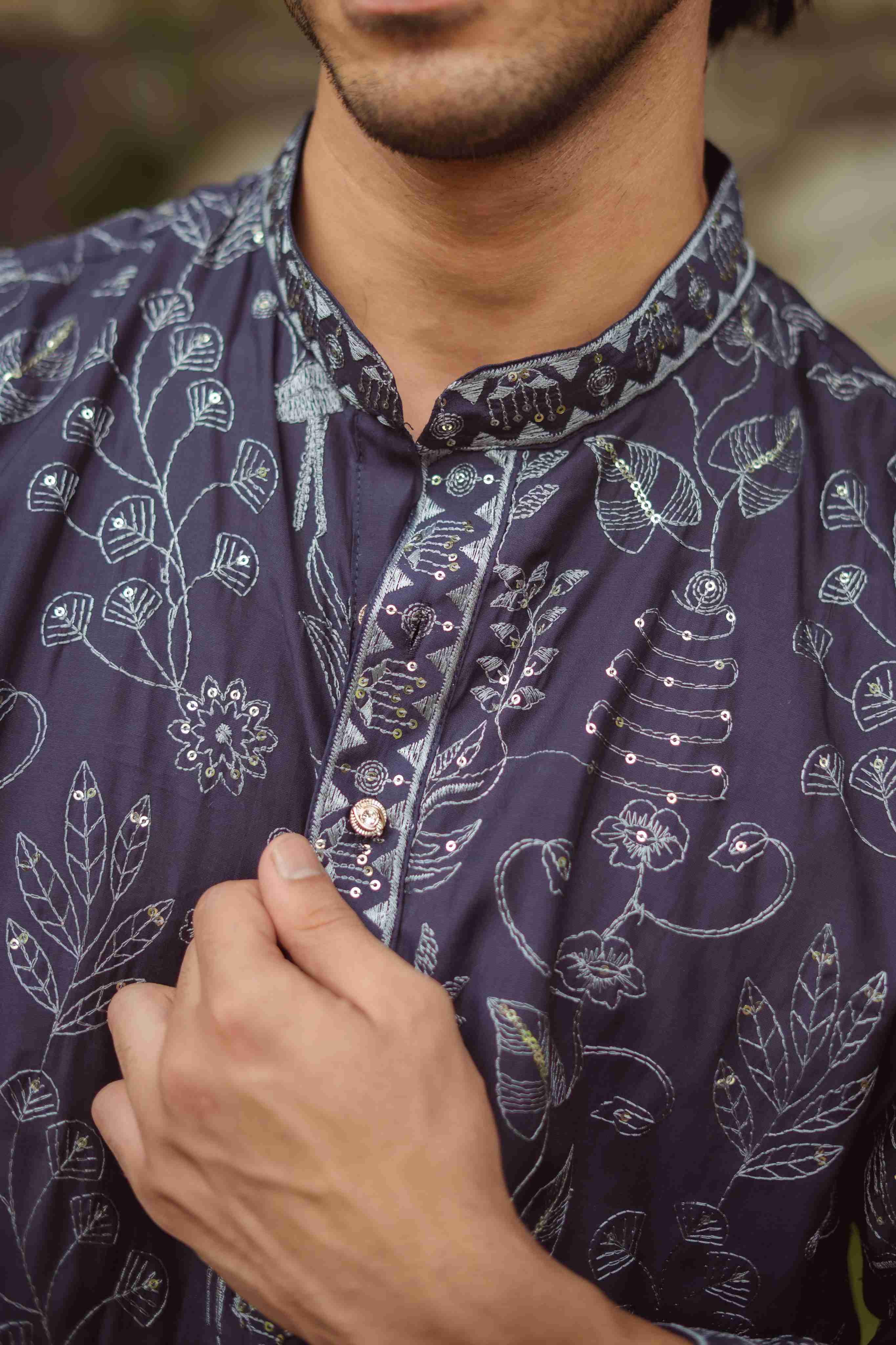 The Navy Blue Floral Embroidery Work Long Kurta
