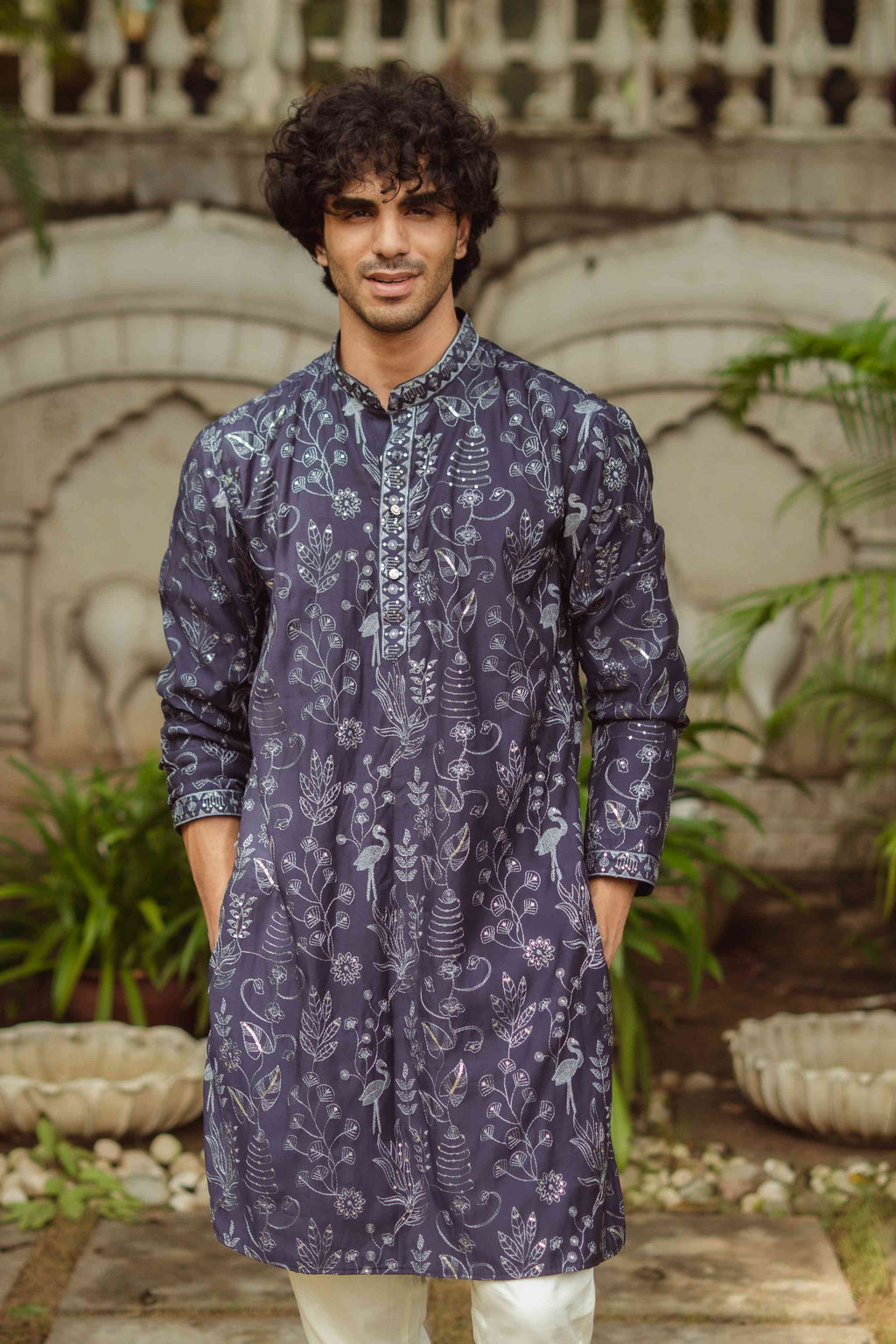 The Navy Blue Floral Embroidery Work Long Kurta