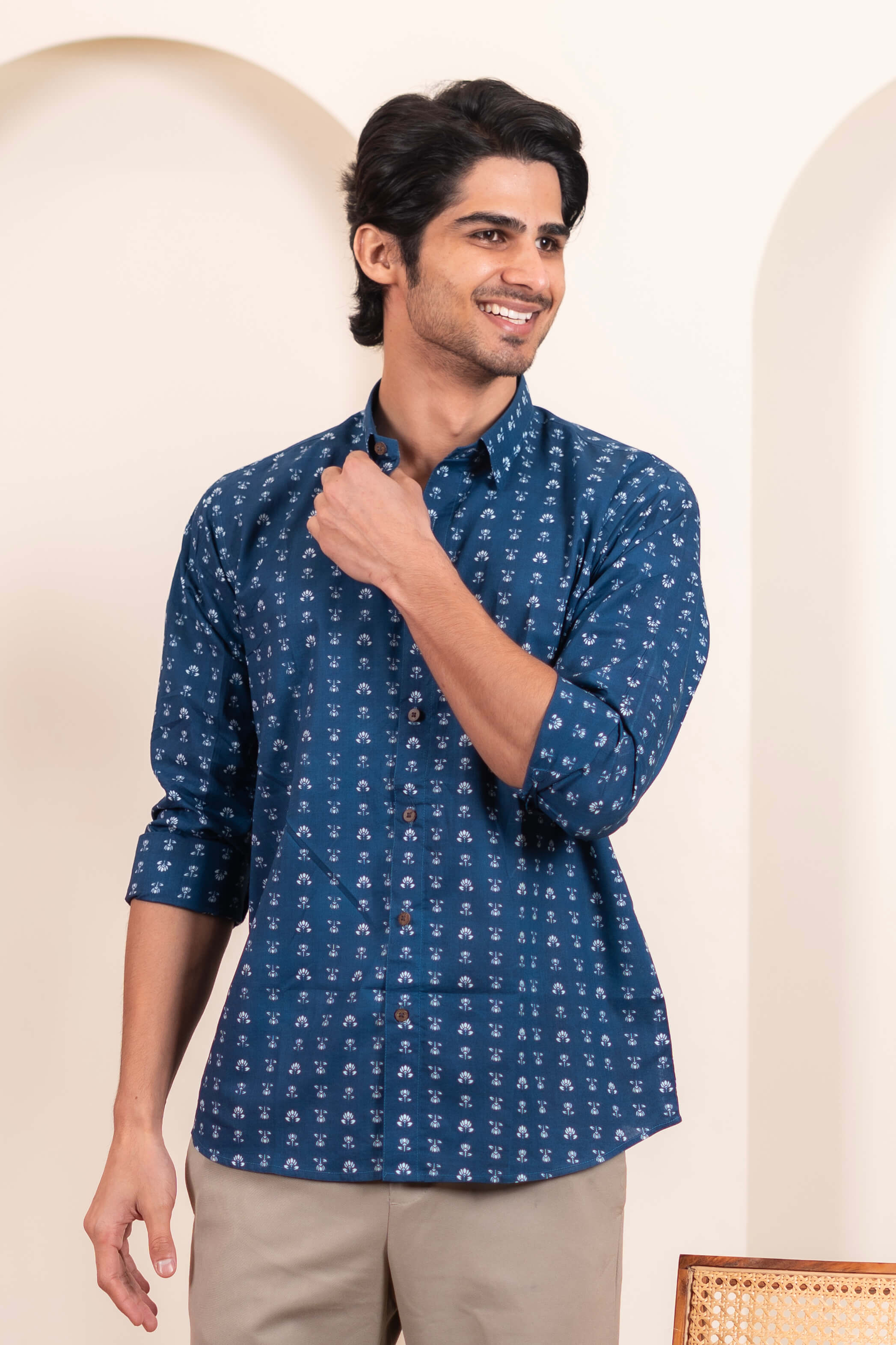 The Navy Blue White Floral Butti Shirt