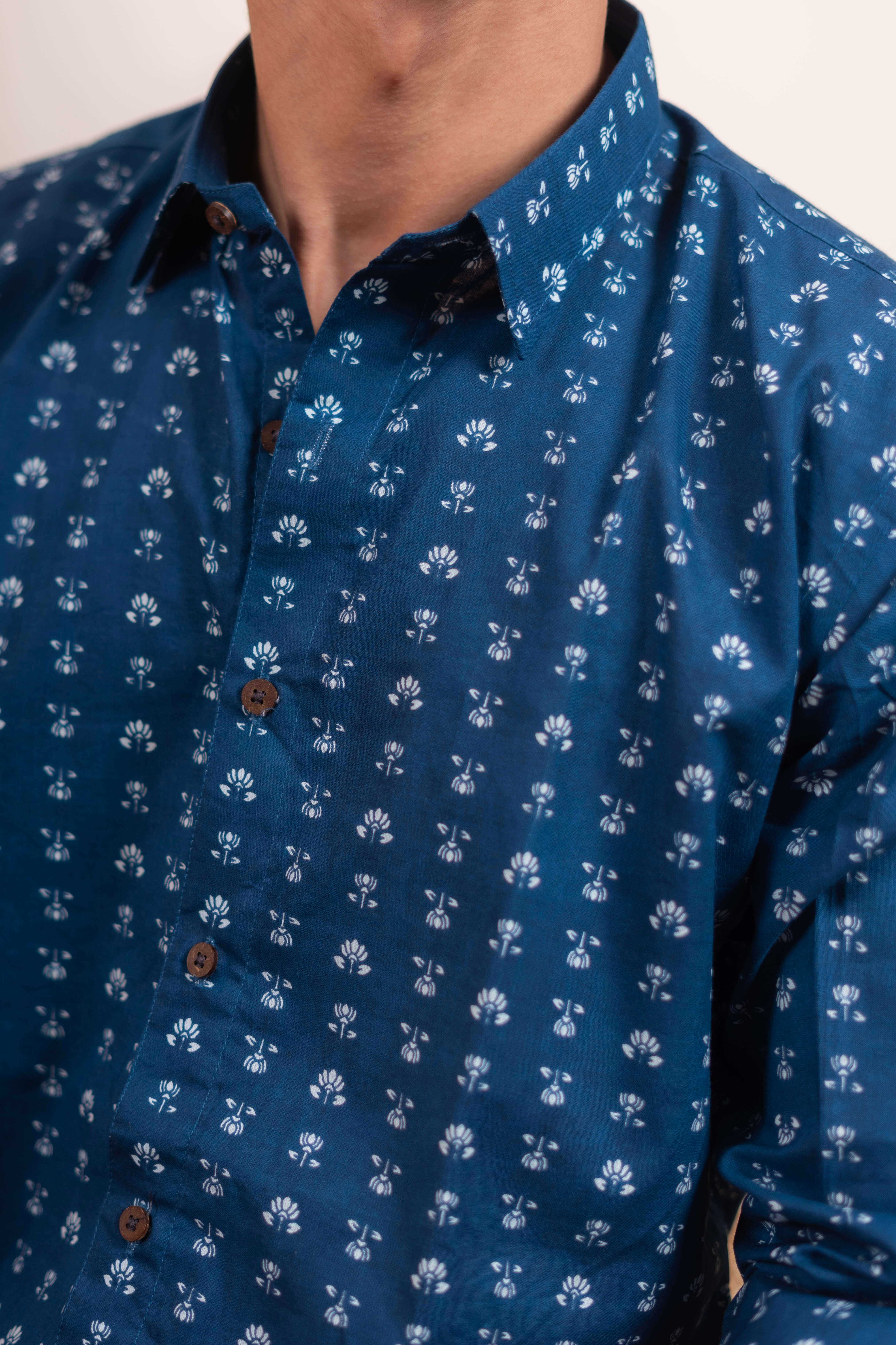 The Navy Blue White Floral Butti Shirt