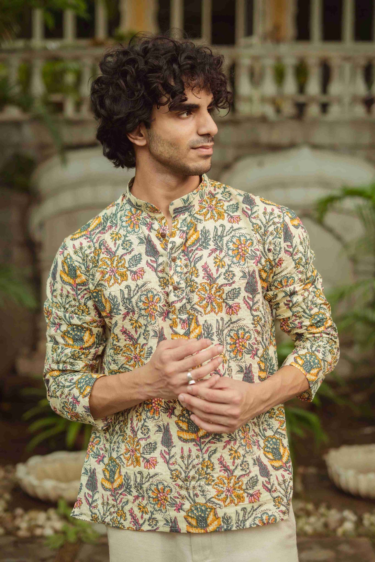 The Beige Artistic Floral Print Short Kurta
