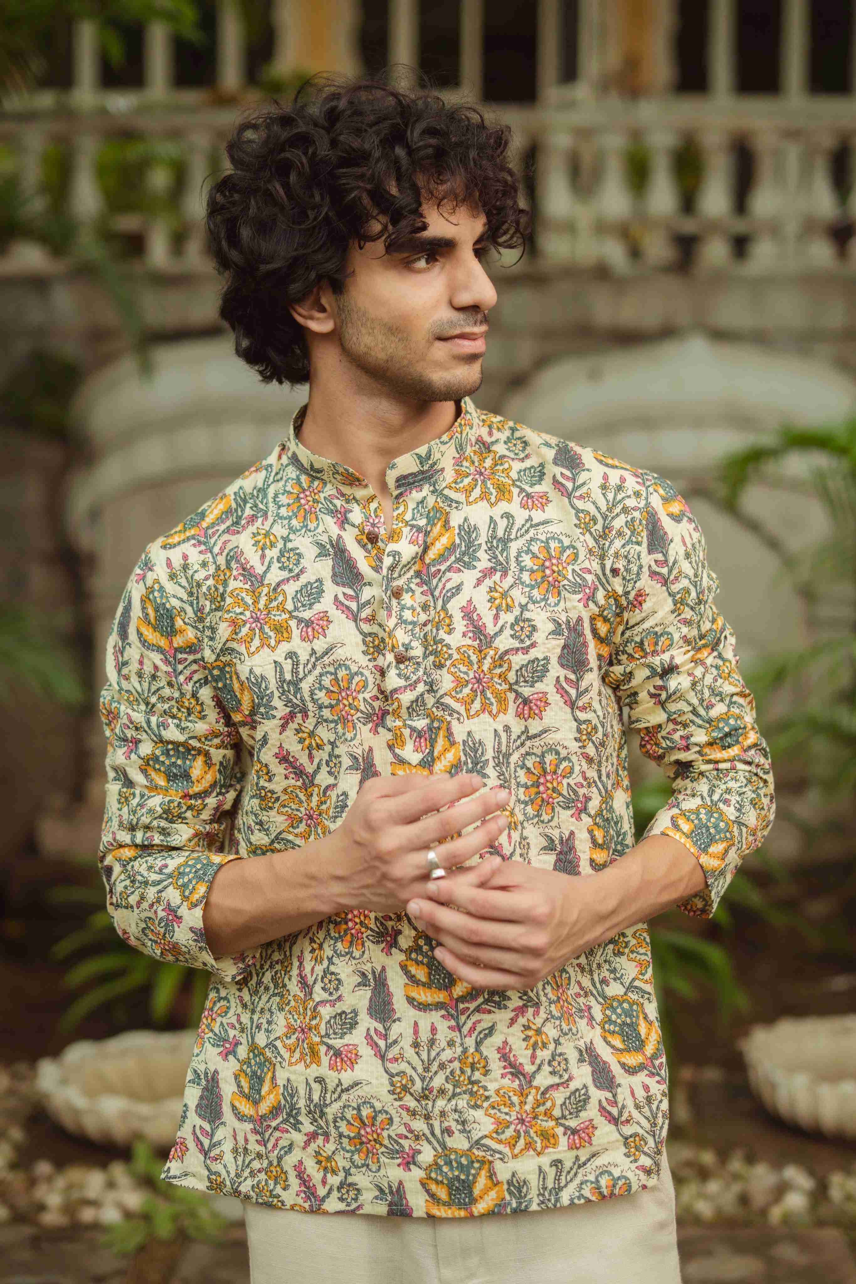 The Beige Artistic Floral Print Short Kurta