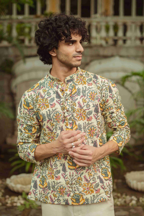 The Beige Artistic Floral Print Short Kurta
