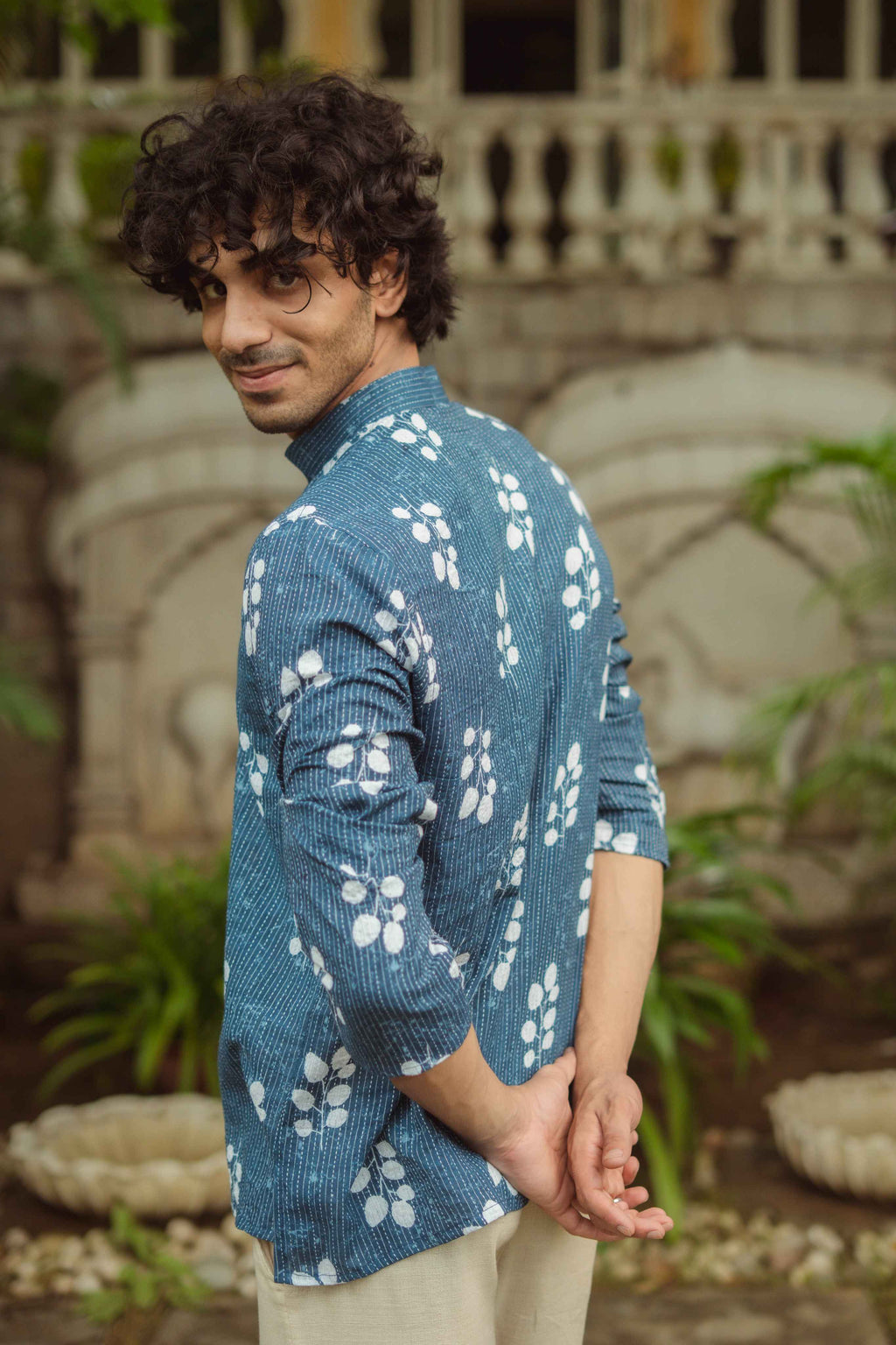 The Blue Botanical Kantha Work Short Kurta