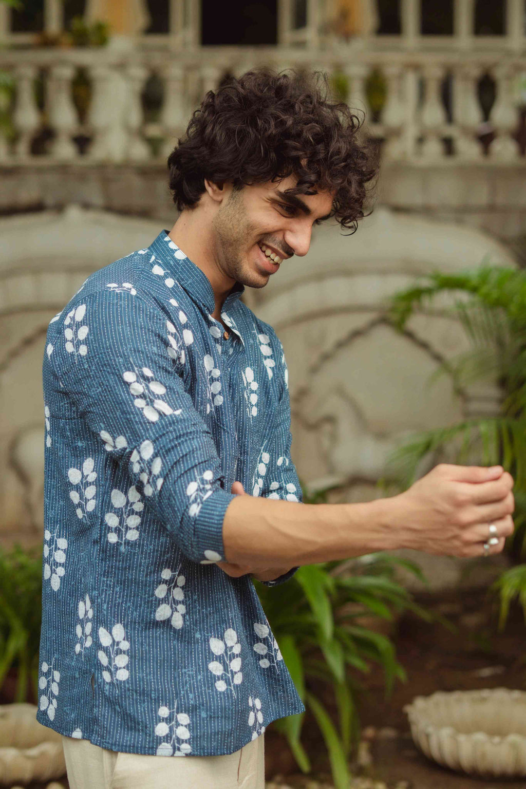 The Blue Botanical Kantha Work Short Kurta