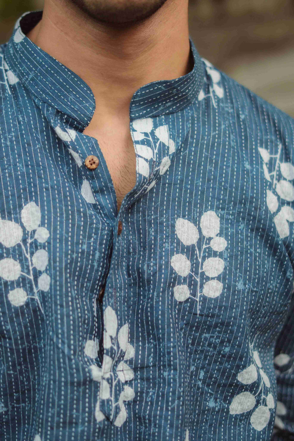 The Blue Botanical Kantha Work Short Kurta
