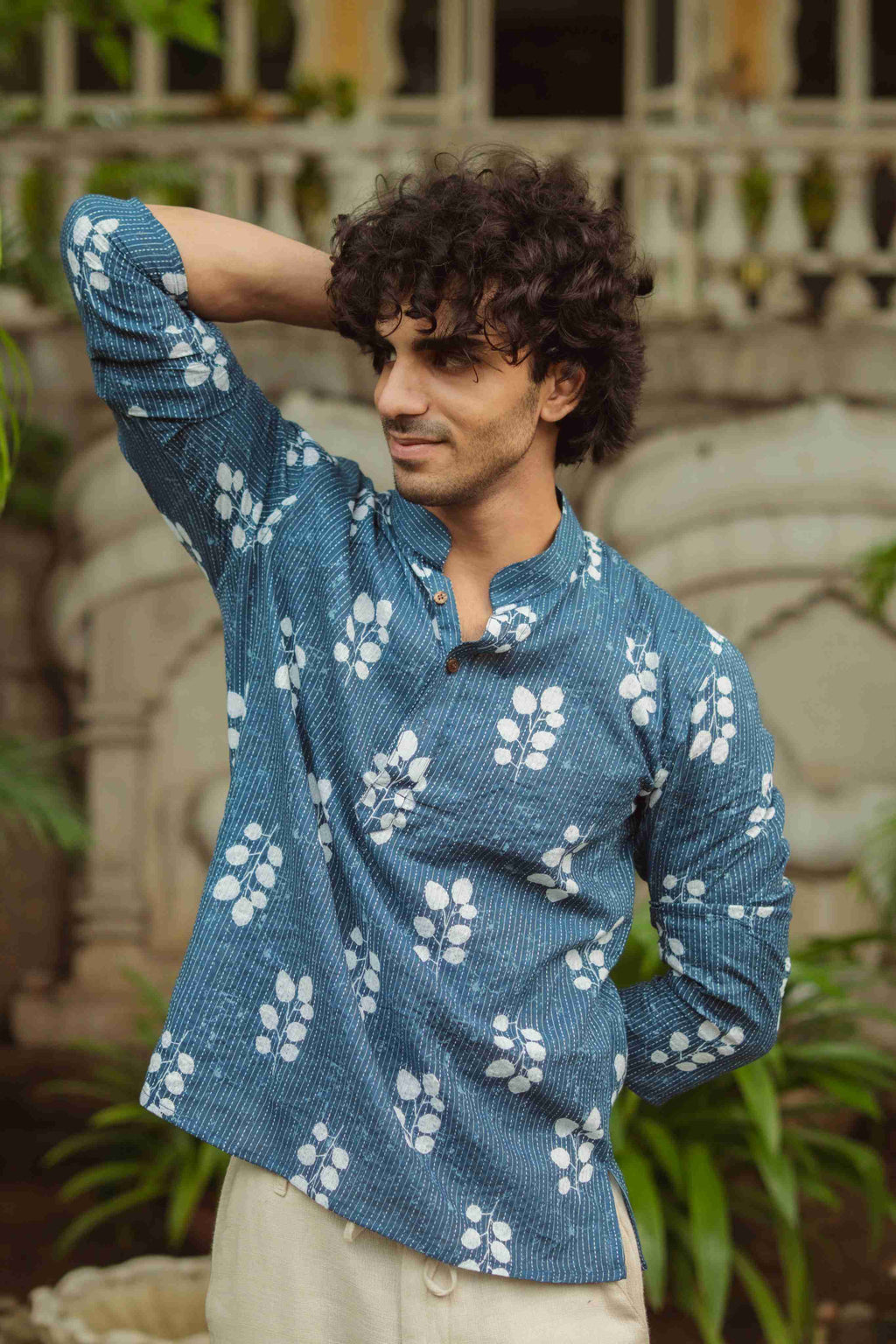 The Blue Botanical Kantha Work Short Kurta