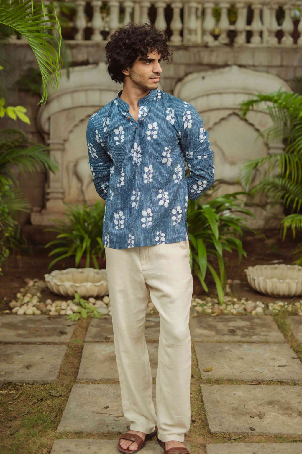 The Blue Botanical Kantha Work Short Kurta