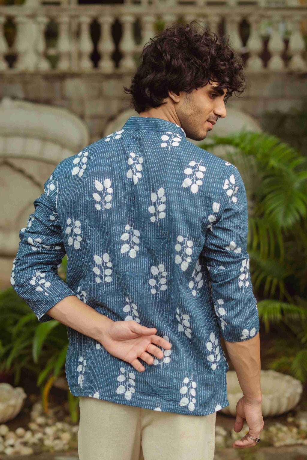 The Blue Botanical Kantha Work Short Kurta