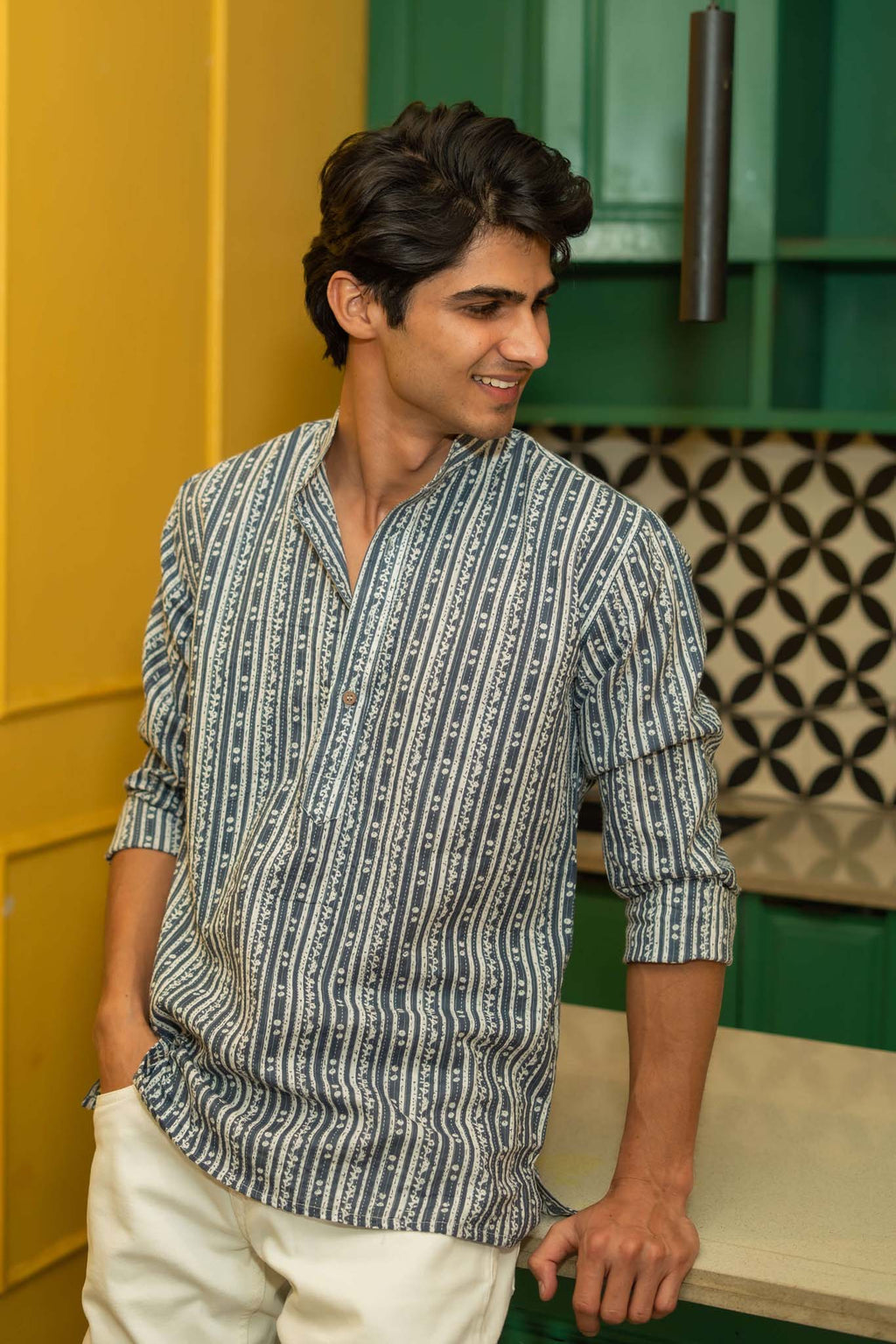 The Greyish Blue And White Kantha Work Short Kurta With Tribal Stripe Print