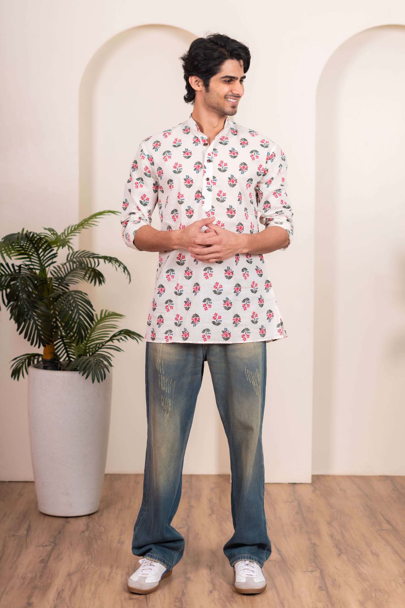 The White Short Kurta with Leaf and Flower Print