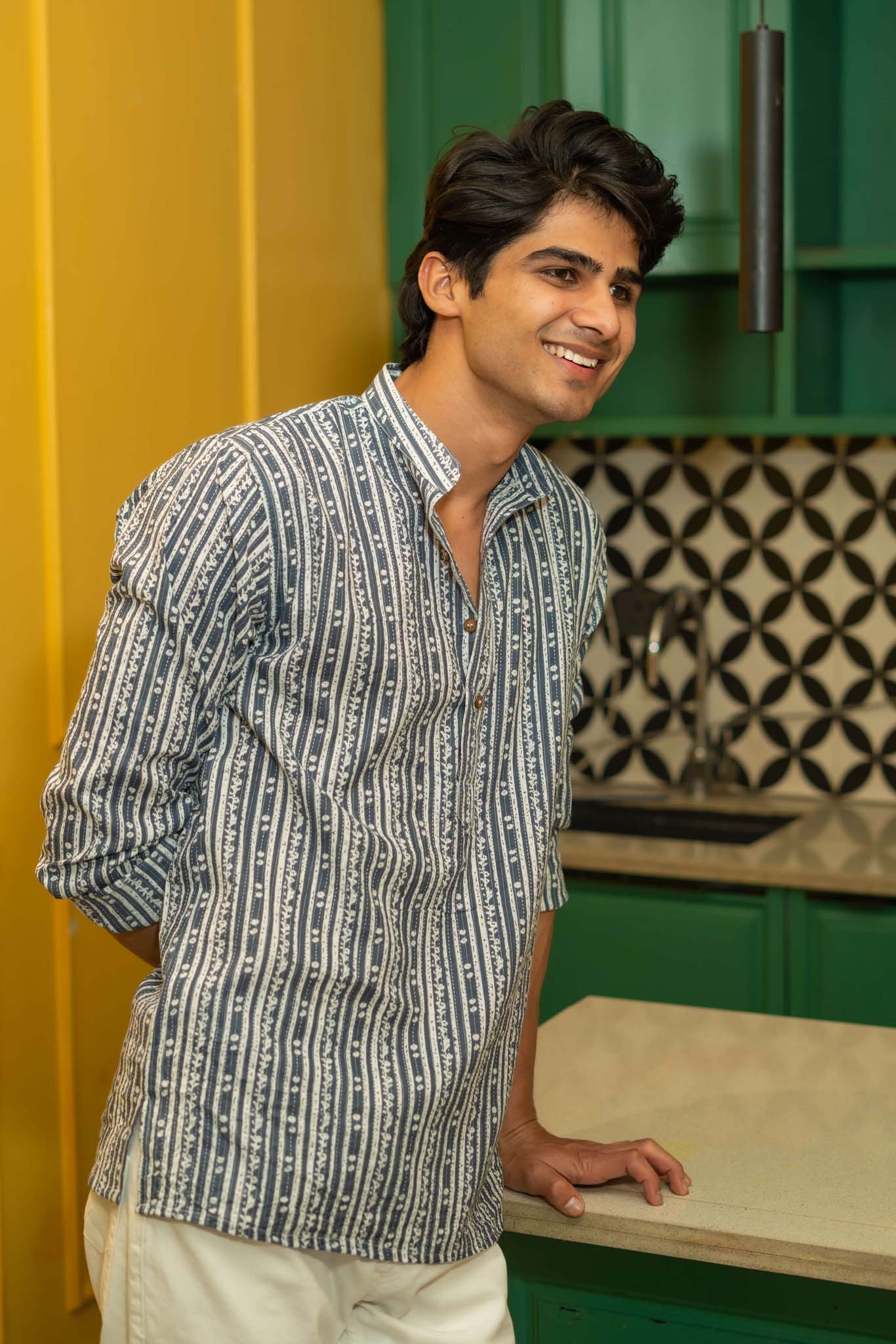 The Greyish Blue And White Kantha Work Short Kurta With Tribal Stripe Print