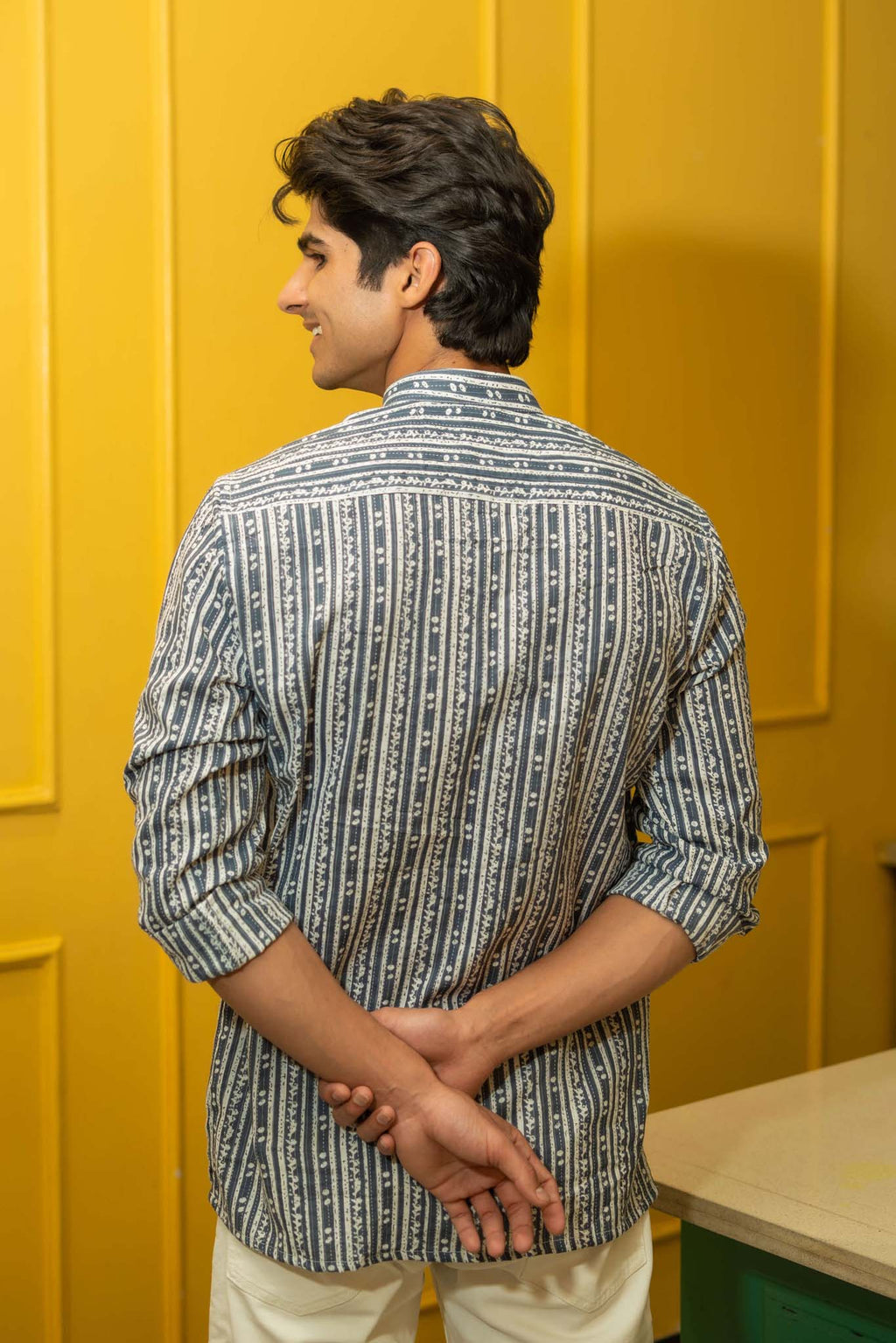 The Greyish Blue And White Kantha Work Short Kurta With Tribal Stripe Print