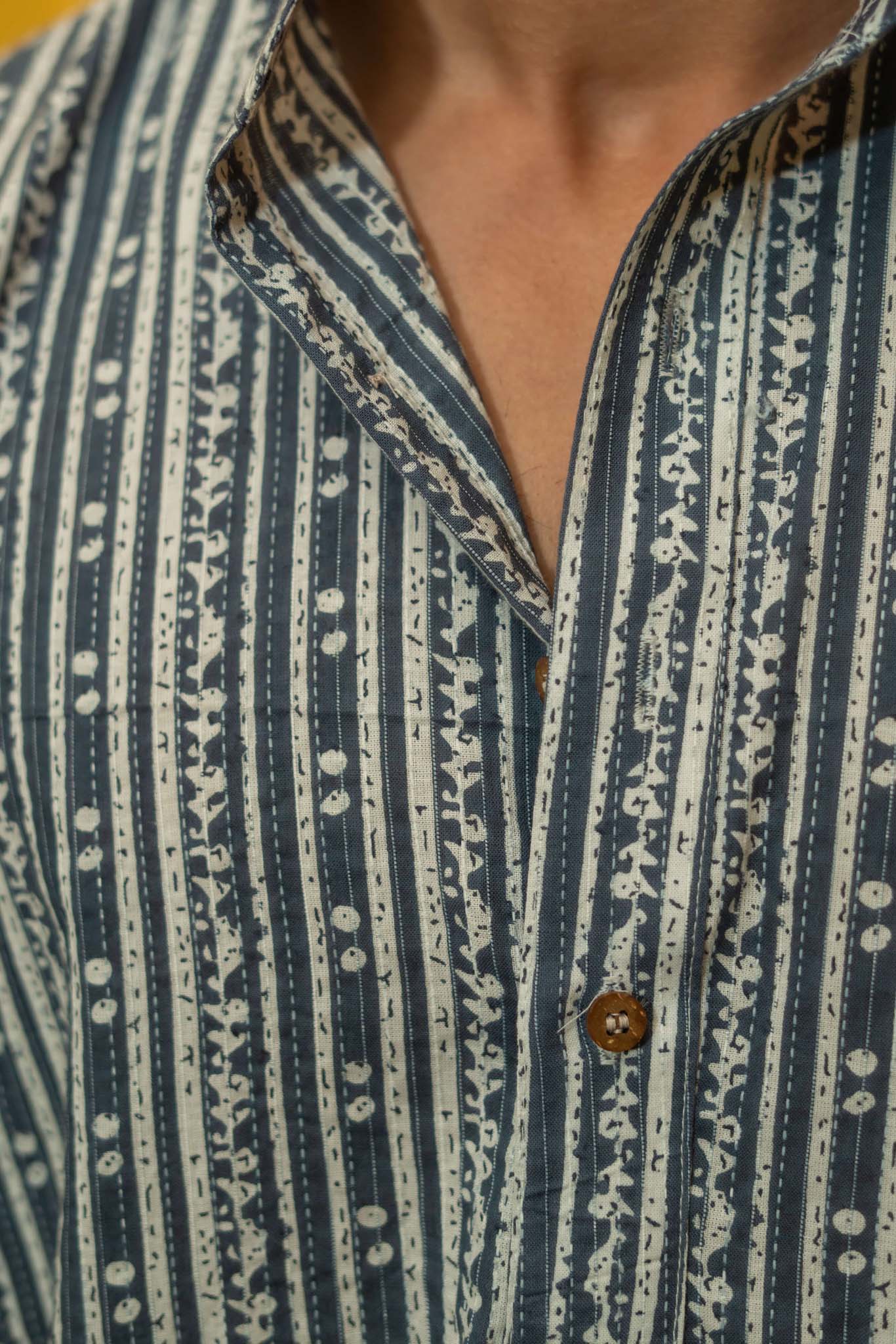 The Greyish Blue And White Kantha Work Short Kurta With Tribal Stripe Print