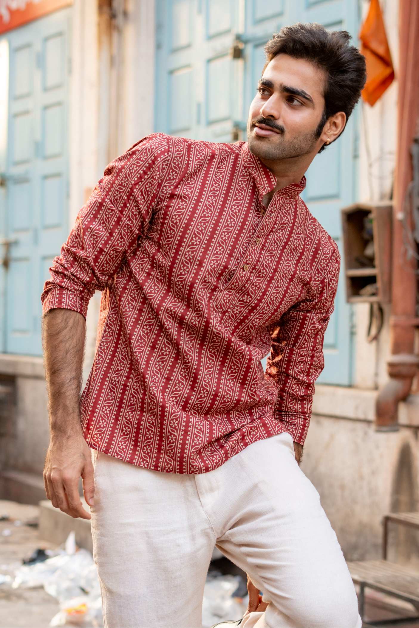 The Rust Red Tribal Stripe Short Kurta