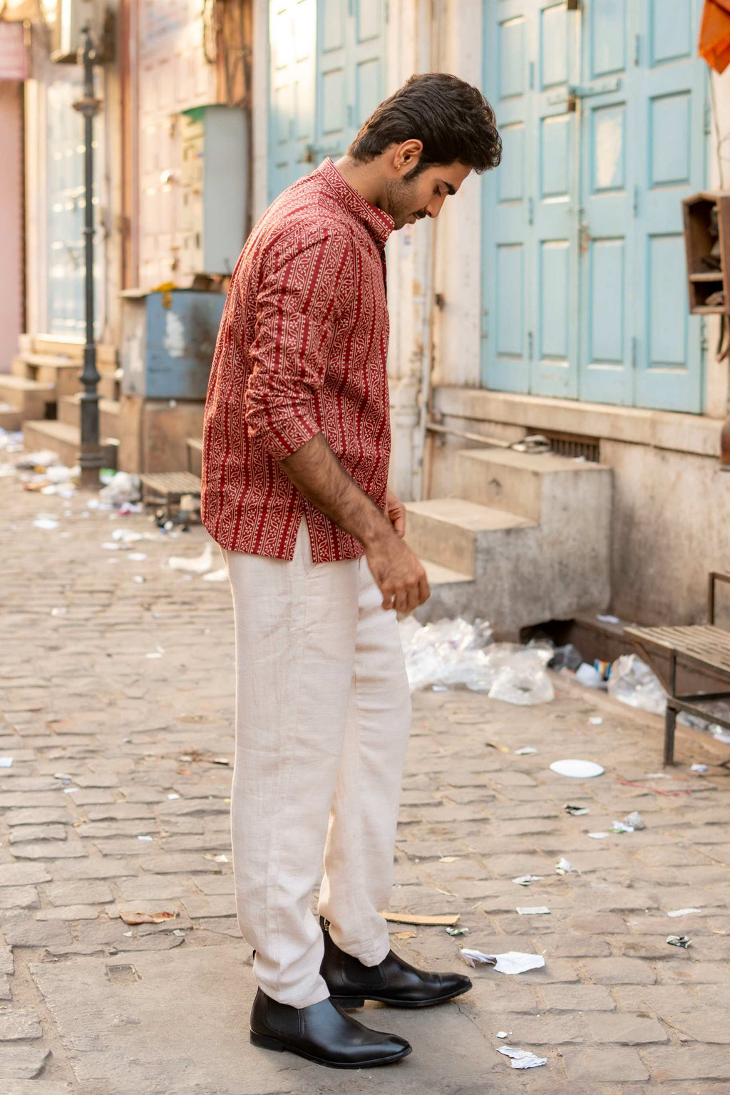 The Rust Red Tribal Stripe Short Kurta