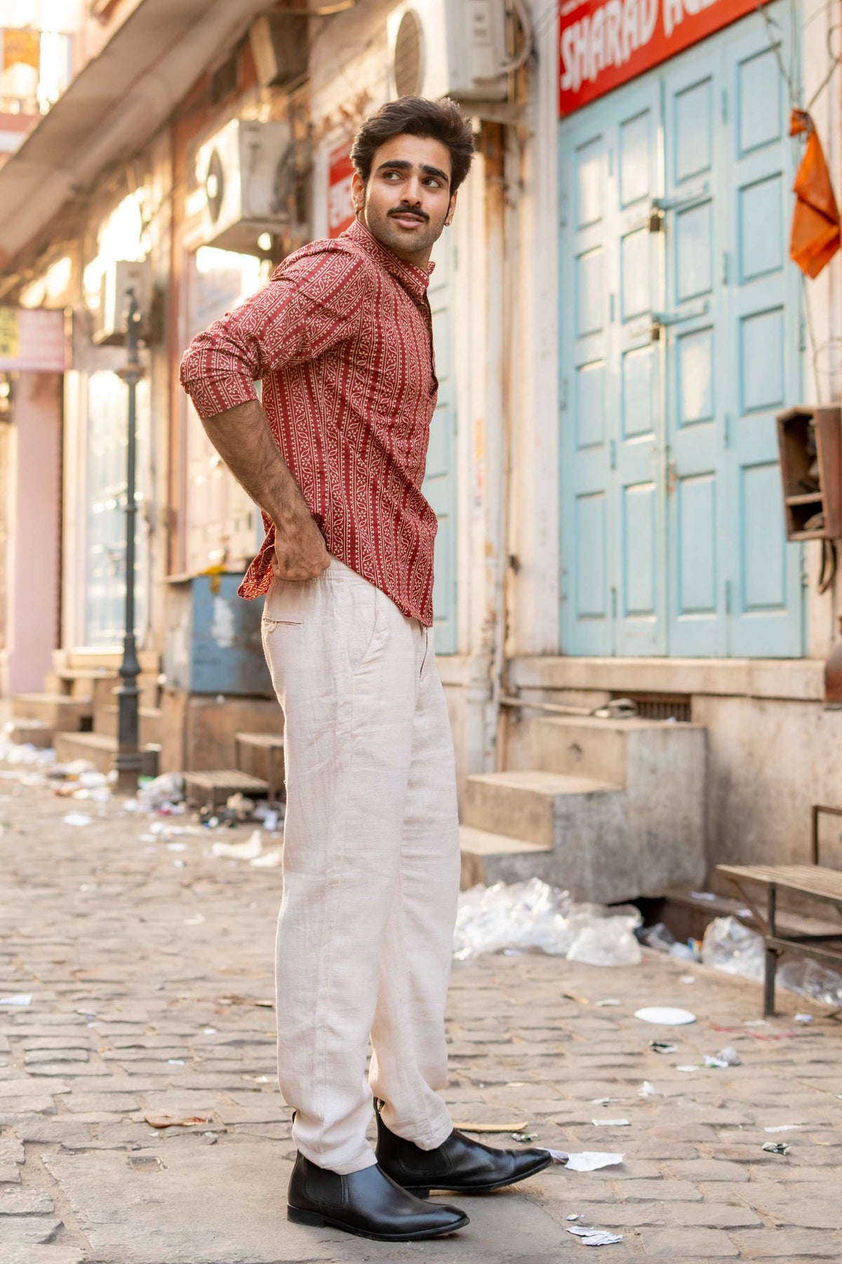 The Rust Red Tribal Stripe Short Kurta