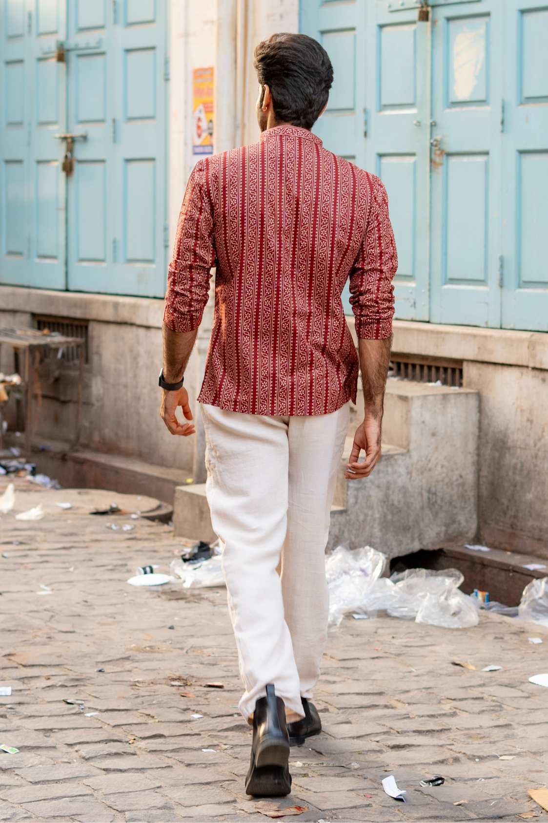 The Rust Red Tribal Stripe Short Kurta